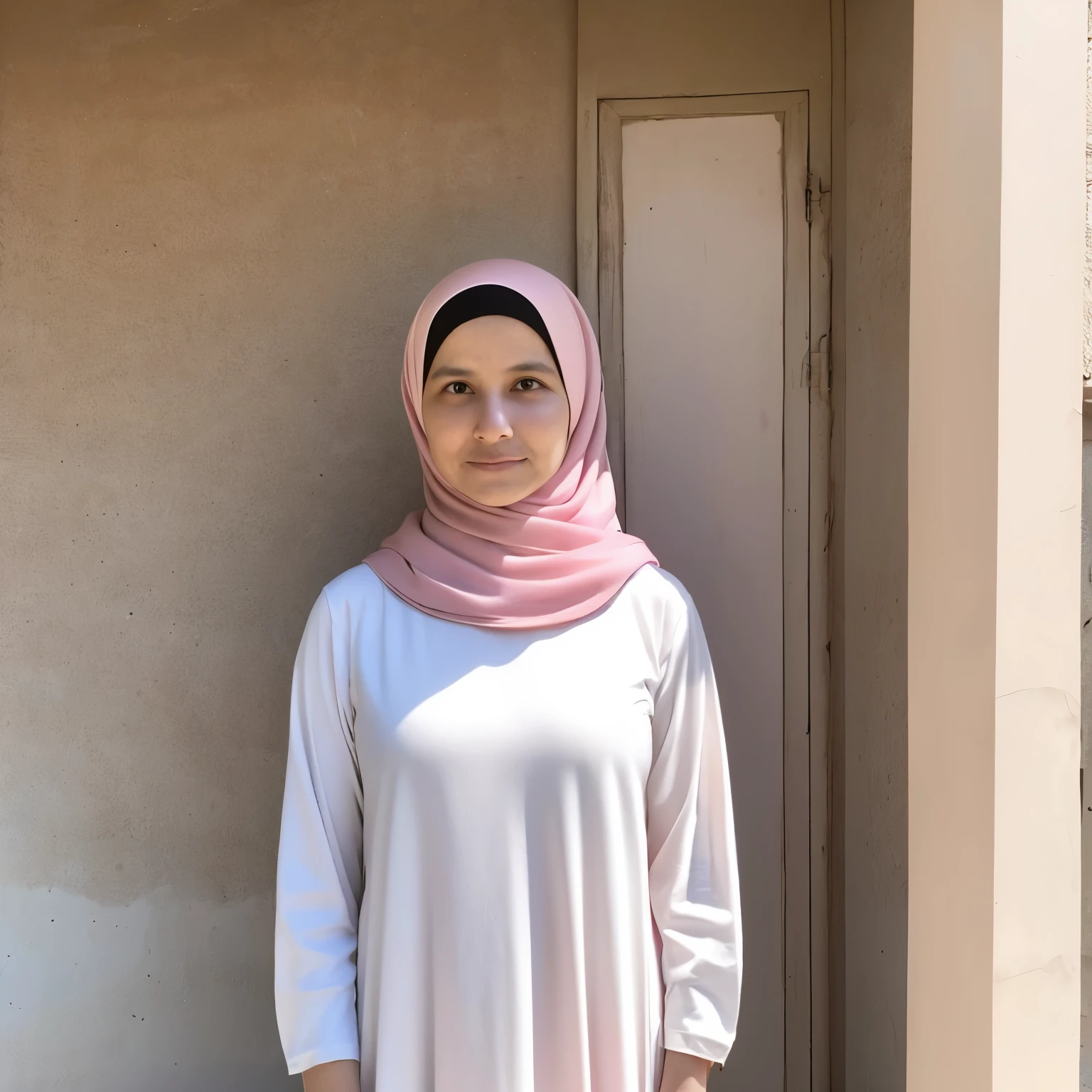 A 40 years old Father with white long shirt ,mother with dusty pink hijab and white long dress ,a 19 years old son with long white T shirt and a 11 years old girl with dusty pink hijab and white lobg dress