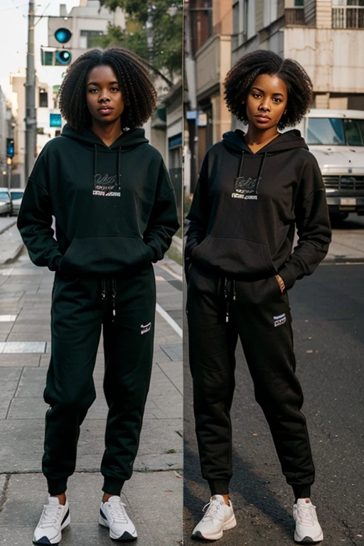 Brown skin straight woman black hair afro up green eyes skinny tall long hoodie and black jogging pants 