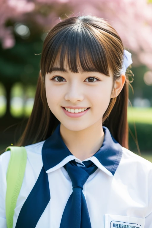 Japanese High School Girl、Meeting in the park、1 girl,A cute smile like an idol, 17 years old, (highest quality, Realistic, High resolution, 8k, Very detailed, Detailed face, Shiny skin), Japanese , Collared shirt, White shirt, Ribbon tie, Black Hair, ragged bangs, ponytail,