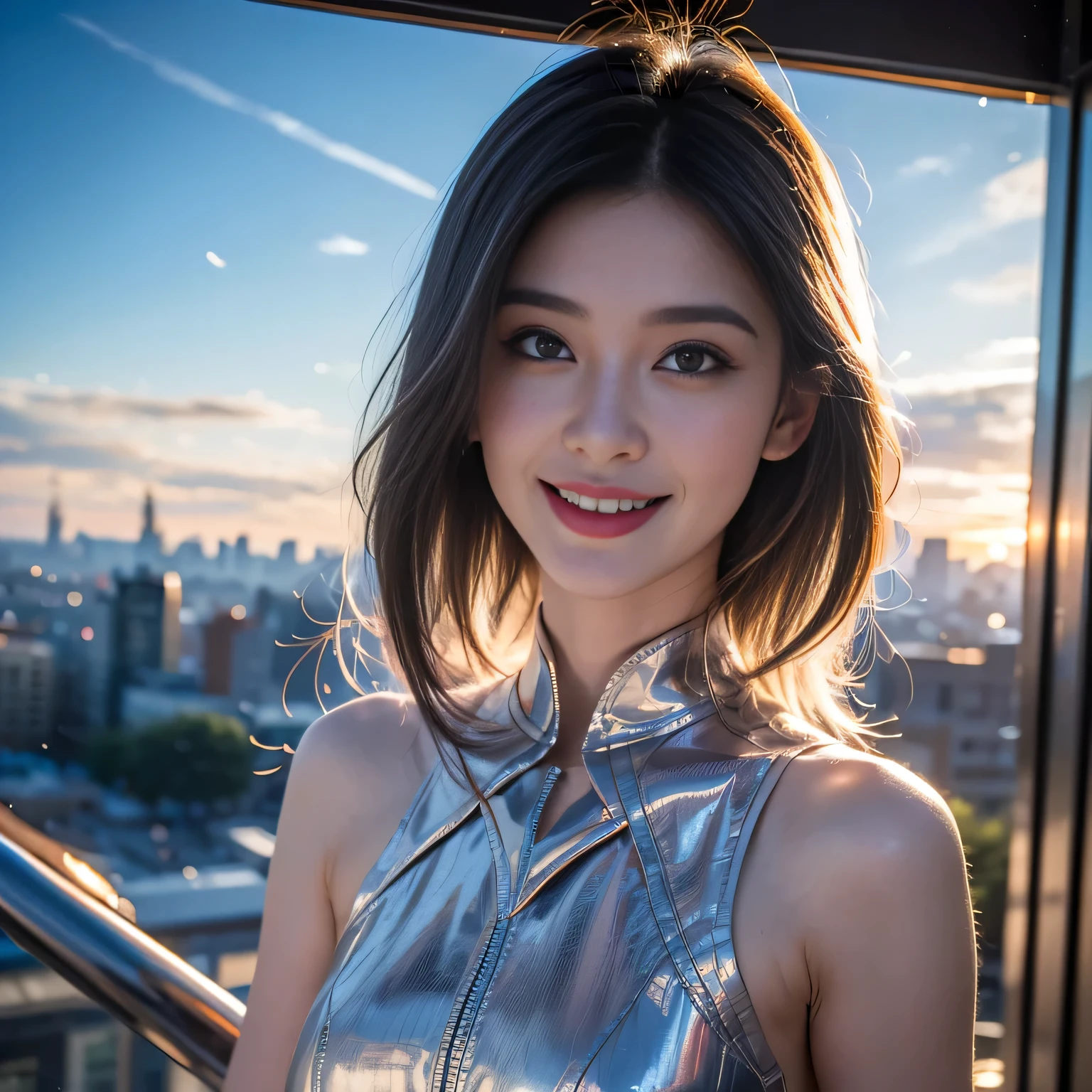 Hair shaking, victory, Long eyelashes, Solid round eye, A faint smile, ears red, direction, Surrealism, shadow, Relief, Stereogram, Standing picture, View, Atmospheric perspective, 8k, Super Detail, precise, best quality, The award-winning, best quality, high resolution, precise, masterpiece, Retina, Ultra HD，xx remix girl,1 girl, Fisheye, Selfie, wind, Messy hair, Sunset, city View, (Aesthetics and atmosphere:1.2), white hair,Smile,Movie Girl