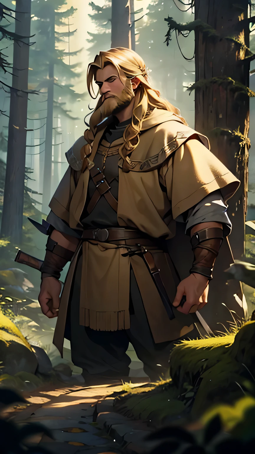 Viking man in a dark forest. Blonde beard, long dark blonde hair.