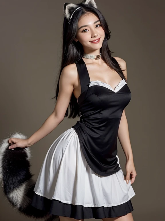((highest quality, 32k)), ((masterpiece)), (Get used to it), Perfect Face, Raccoon Girl, Beautiful woman, public, Has a tail, She has a fox tail, She wags her fluffy tail, smile, Dog collar, She is wearing a dress, Beautiful hip line, A tail protruding from the dress skirt, Large Breasts 