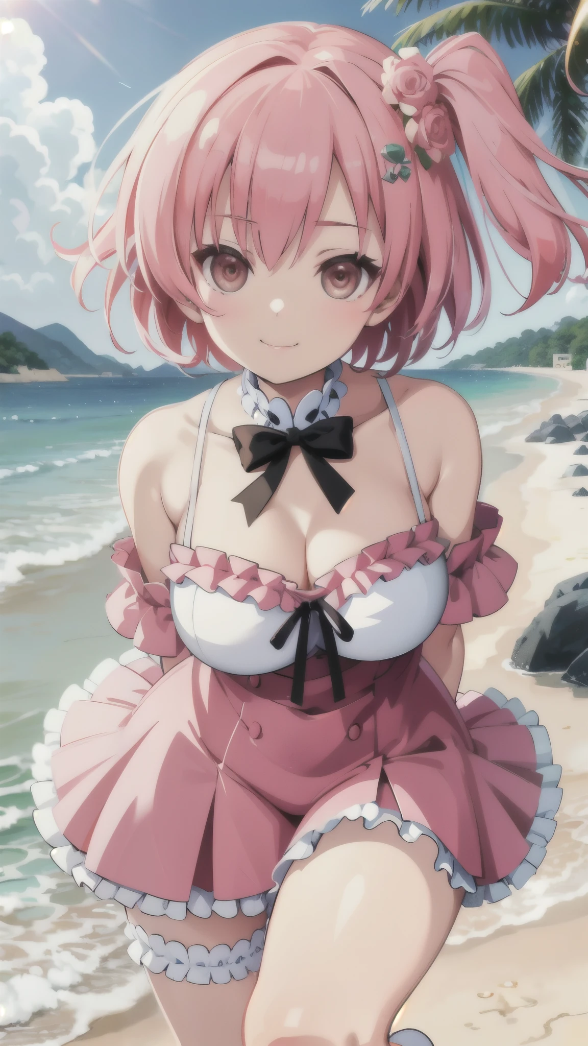 masterpiece, best quality, absurdres , perfect anatomy , smiling , (((busty))), ,1girl, sensual body, Her cheeks flushed, pink hair, swimsuit, Forward bend , looking at me , beach