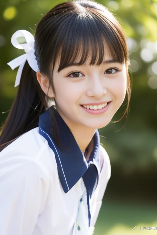Japanese High School Girl、Meeting in the park、1 girl,A cute smile like an idol, 17 years old, (highest quality, Realistic, High resolution, 8k, Very detailed, Detailed face, Shiny skin), Japanese , Collared shirt, White shirt, Ribbon tie, Black Hair, ragged bangs, ponytail,