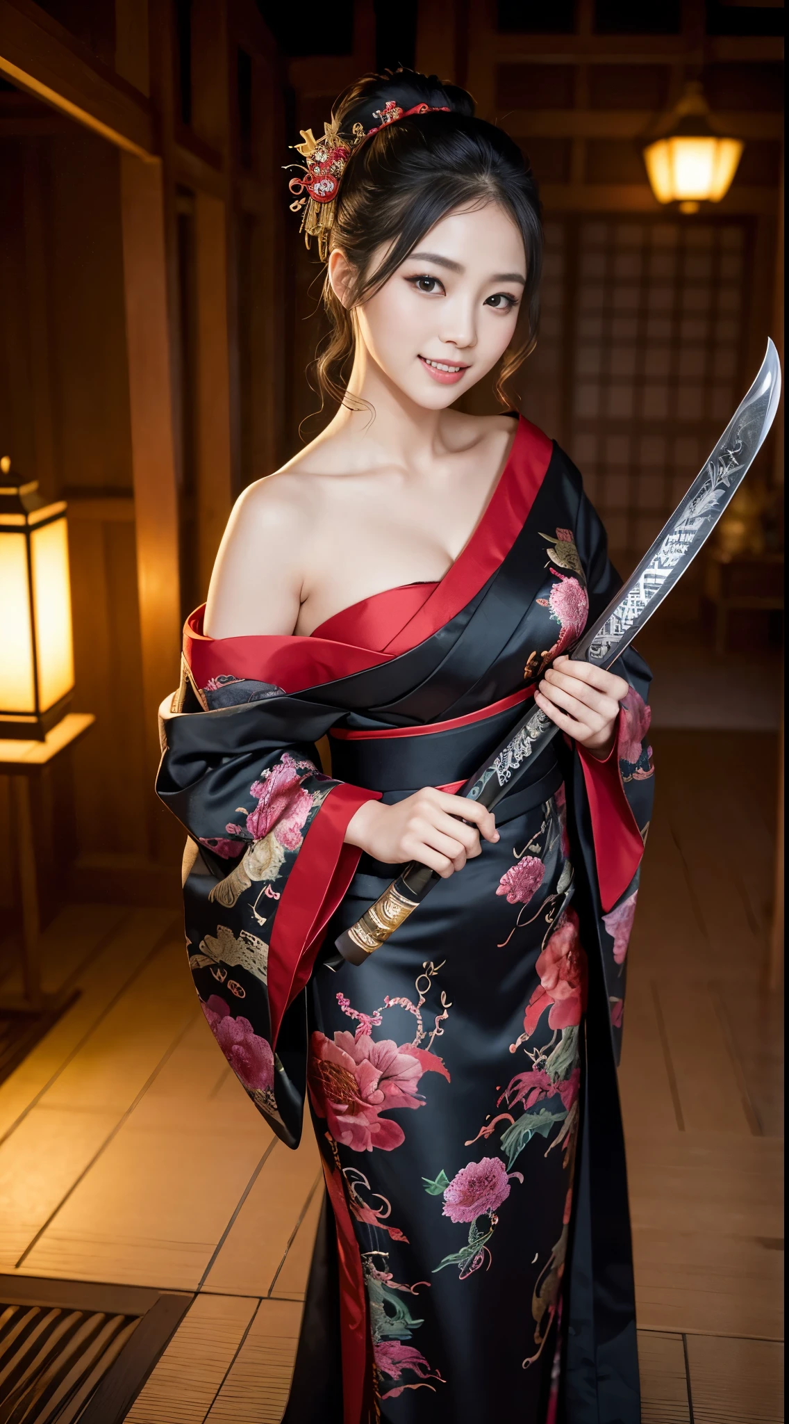 8k Uhd, Dslr,Film Grain, Fujifilm XT3,(Best Quality:1.3), (Masterpiece:1.1), High Resolution, Cinematic Light, Intricate Details, (Photorealistic) (night scene) a realistic backlight dramatic red tone light photography full body of a beautiful japanese geisha girl, ((facial texture pore detail)), grin demonic smile, simple messy hairdo, wearing satin black kimono with traditional dragon motif, open shoulder, full body colourful dragon tattoo, holding long katana blade, inside traditional villa, 8K, bokeh foreground
