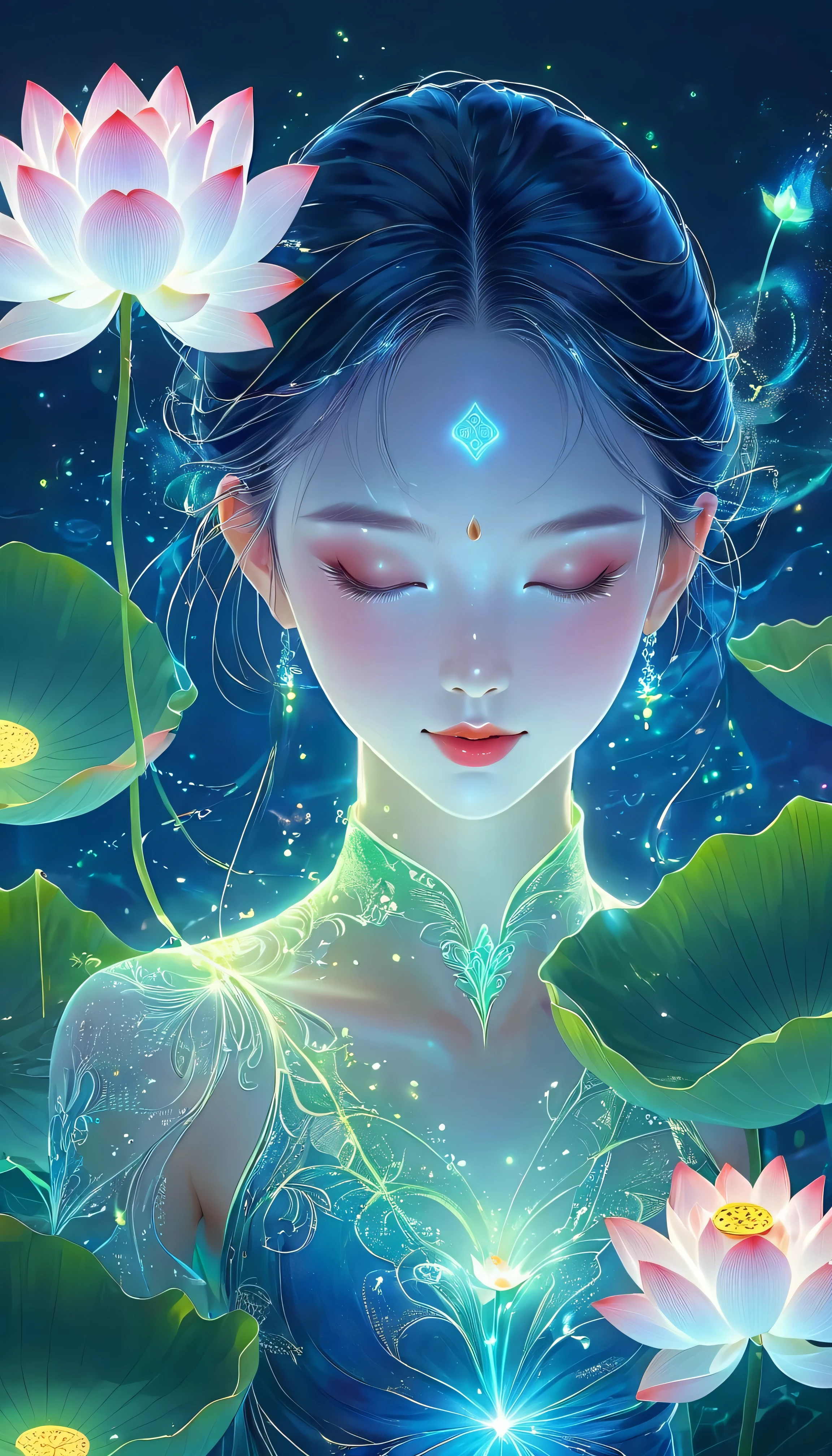 (masterpiece, best quality:1.2), Digital Art Style, Charming illustrations,Peace Pictures,ethereal beauty,Energy dissipation,Fairy, beautiful eyes,Lotus Corolla,Tall lotus,Solitary,Body Glow,glowing lines,Fluorescence,Glow Example,Sample trace,flash,萤Light Particles,Backlight,translucent,Light Particles,Correct human anatomy,