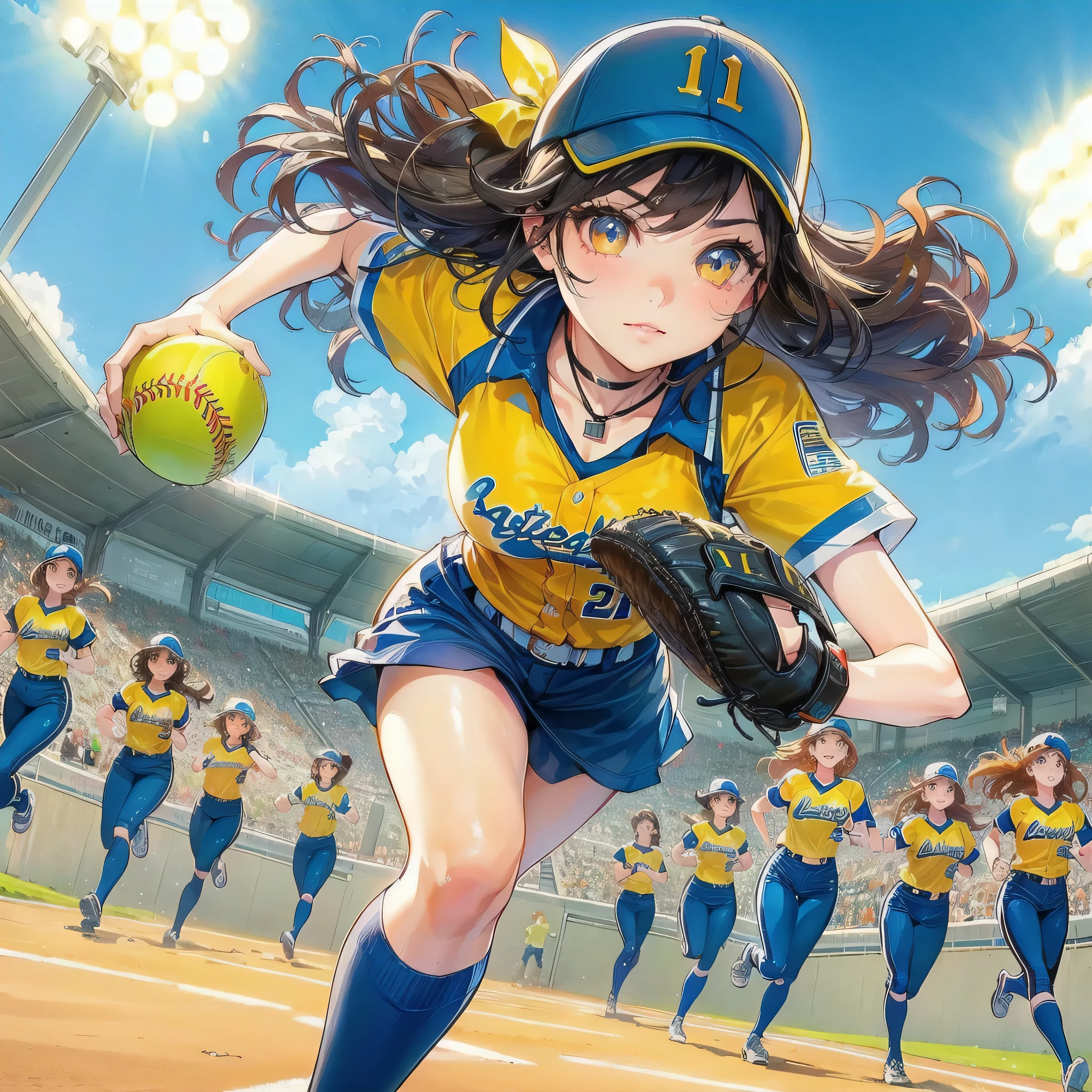 high quality,HD,16k,sharp lines,1 girl,Female softball athlete ,cute face, large breasts, nice legs,At the softball venue,focus girl,detailed beautiful face,detailed clothes,beautiful eyes,cool,dynamic angle