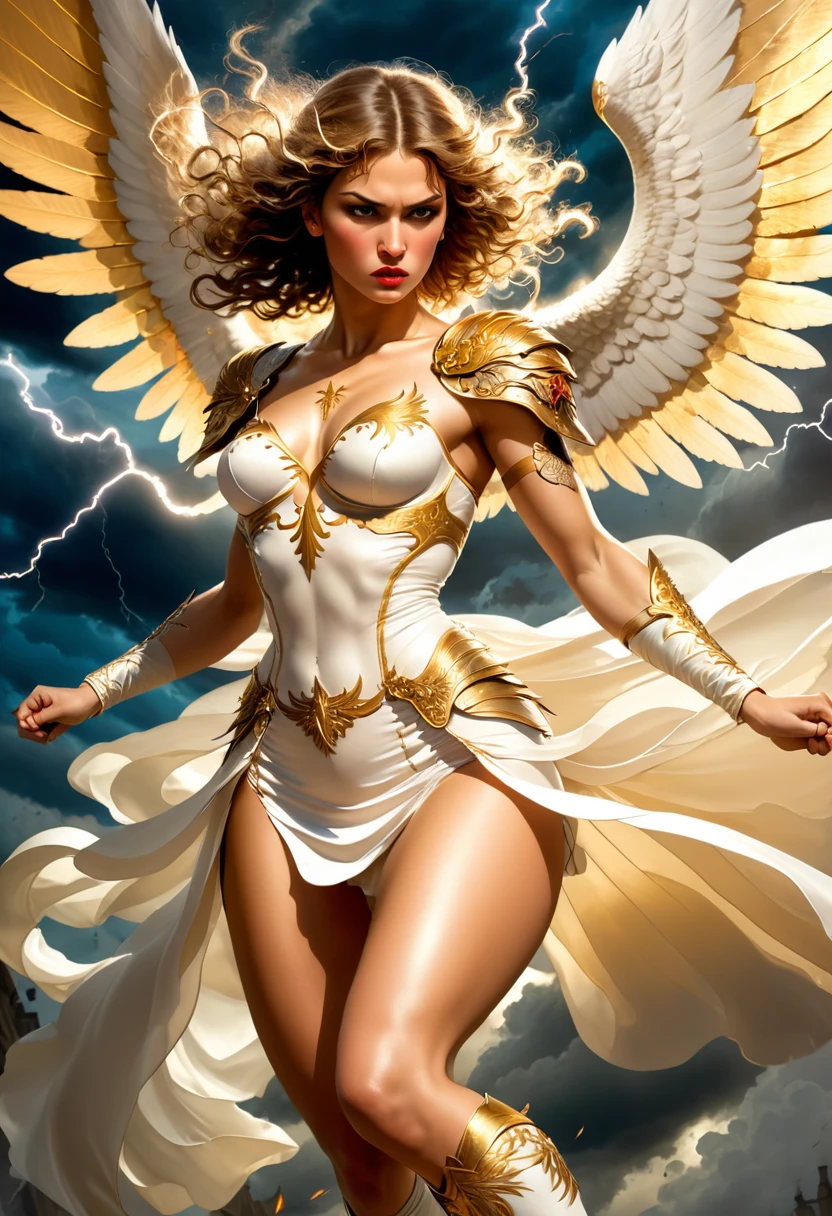 (best quality:1.2,comics art:1.1,vivid colors,beautiful vintage angel warrior woman with very big wings),((white dress with gold embroid details)),little breasts, determined angry face expression,(((corpo de frente para o observador))), (((segurando uma espada))), alphonse mucha style, storm and lightning background,dramatic lighting)