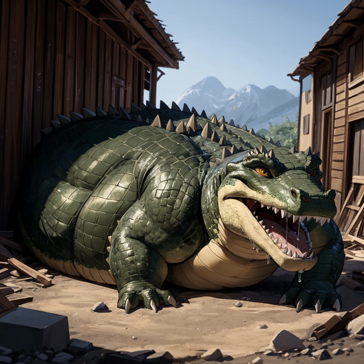 A very obese emerald-colored crocodile、Crocodile facing backwards、Spitting out of the mouth、Spit、Emerald scales、Buttocks up、Backward composition、Wild ferocious crocodile、Spiky scales all over the body、A glittering silver mane、Very short legs、Screaming facial expression、Roaring crocodile face、Backward body、Reptile Eyes、Longitudinal pupils、A body covered with a lot of fat、Abnormally obese head、A lot of fat on the neck、A belly so obese it covers the ground、Fat gap、Abdomen swollen enough to touch the ground、A huge, mountain-like swollen abdomen、Abnormally fat arms、Overweight and flabby legs、A body that seems to be crushed by a huge abdomen、A body that fills the screen、Rubble background、Wet scales all over the body、Soaking wet