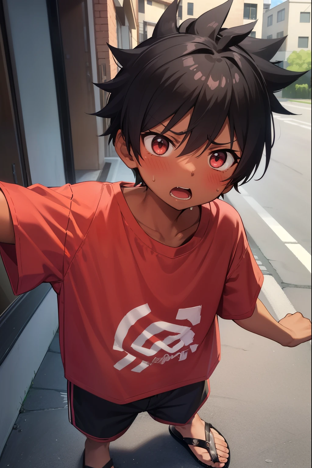 Residential Street,Are standing,Little Boy,Spiked Hair,Black Hair,blush,Red T-shirt,Black shorts,Brown Sandals,Dark Skin,summer,shy,Blue sandals,from before,Open your mouth wide,Sweat,Nosebleed,Surprised,panic,Tempered,Exaggeration,Surprise,Spread your arms,Close ~ eyes
