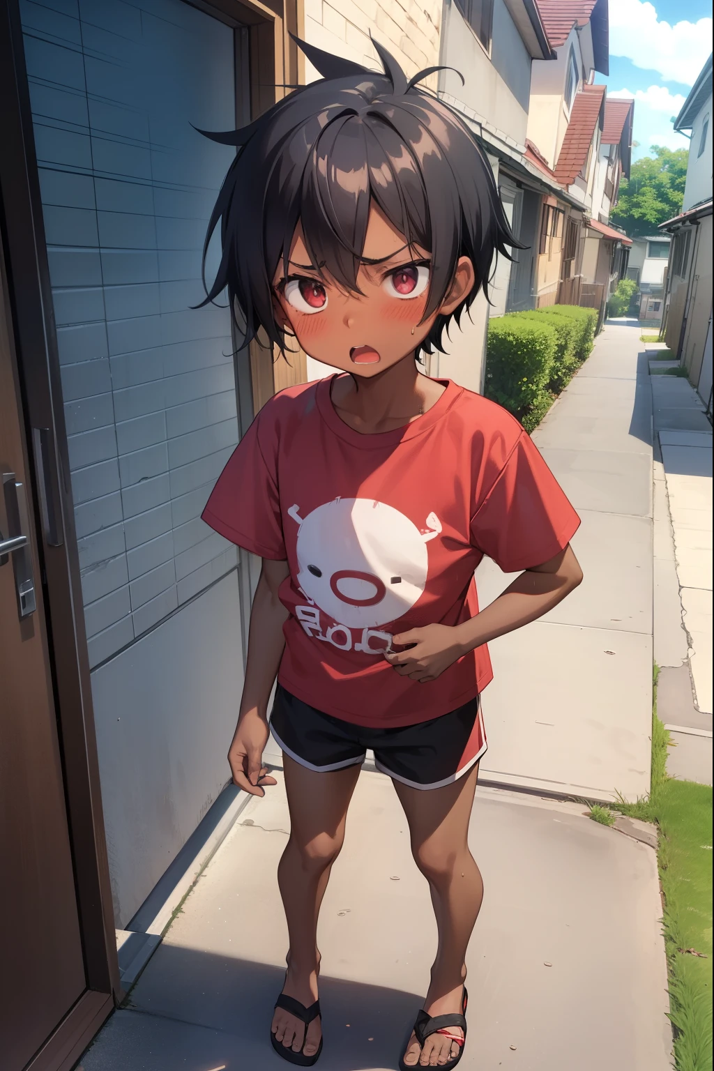 Residential Street,Are standing,Little Boy,Spiked Hair,Black Hair,blush,Red T-shirt,Black shorts,Brown Sandals,Dark Skin,summer,shy,Blue sandals,from before,Open your mouth wide,Sweat,Nosebleed,Surprised,panic,Tempered,Exaggeration,Surprise,Spread your arms,Close ~ eyes