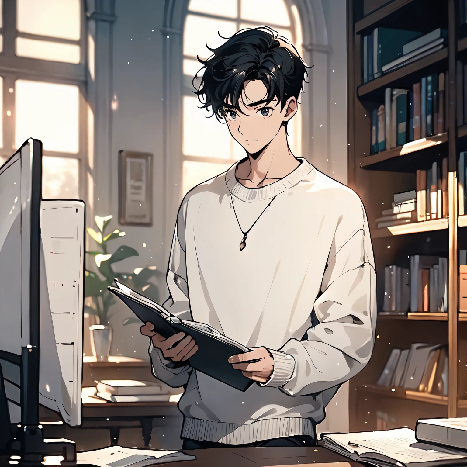 A black hair，18-year-old man in white sweater，Standing at the desk in the library，Holding a painting in hand，Sad expression，Laugh and cry，Tears（Upper body display：1.5）（cinematic lighting：1.5）)(ultra-high detail:1.5)(best quality:1.5)