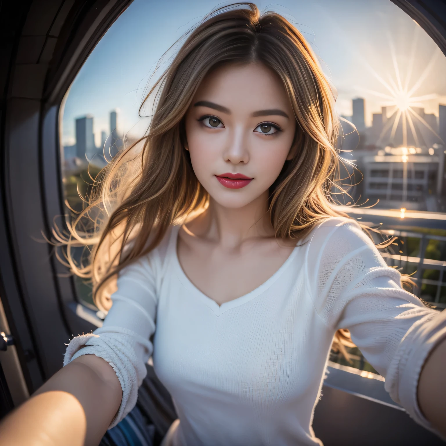 Hair shaking, victory, Long eyelashes, Solid round eye, A faint smile, ears red, direction, Surrealism, shadow, Relief, Stereogram, Standing picture, View, Atmospheric perspective, 8k, Super Detail, precise, best quality, The award-winning, best quality, high resolution, precise, masterpiece, Retina, Ultra HD,xx remix girl,1 girl, Fisheye, Selfie, wind, Messy hair, Sunset, city View, (Aesthetics and atmosphere:1.2), white hair,Smile,Movie Girl