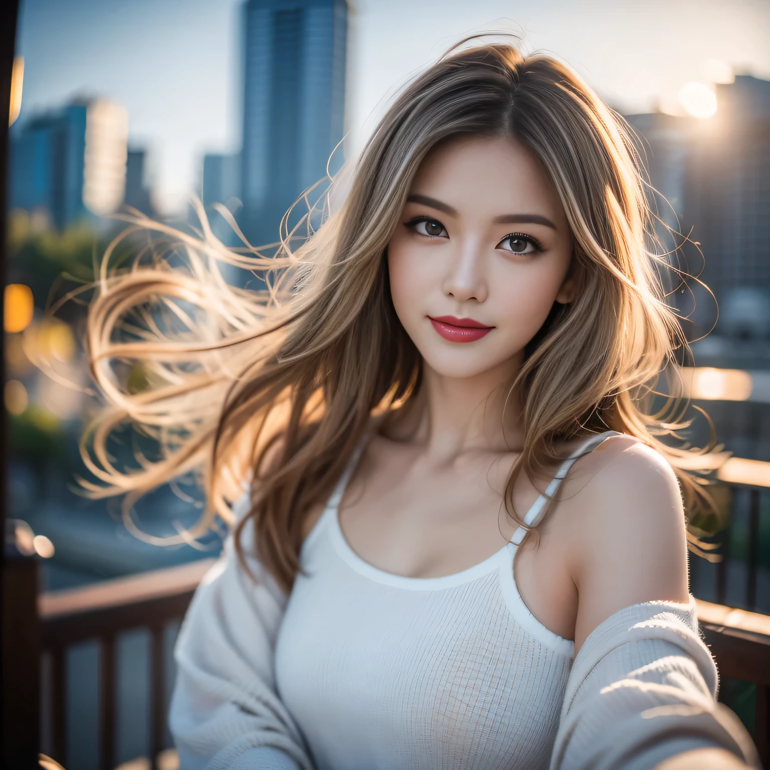Hair shaking, victory, Long eyelashes, Solid round eye, A faint smile, ears red, direction, Surrealism, shadow, Relief, Stereogram, Standing picture, View, Atmospheric perspective, 8k, Super Detail, precise, best quality, The award-winning, best quality, high resolution, precise, masterpiece, Retina, Ultra HD,xx remix girl,1 girl, Fisheye, Selfie, wind, Messy hair, Sunset, city View, (Aesthetics and atmosphere:1.2), white hair,Smile,Movie Girl