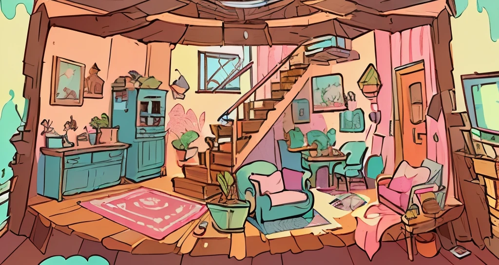 Cartoon illustration with stairs, background technology, interior background technology, Pink wallpaper, Blue Kitchen Cabinets, kitchen, Sink, refrigerator, Arched Windows, Green plants, carpet, Wooden coffee table, In a Candy Land-style house, A puzzle room, find hidden objects, hippie pad, Interior scene, background technologywork, Random background scenes, 2D Game Environment Design, Alien Room Background, house interior, Interior background, House background, Cartoon Concept Art, Miyazaki style, Cartoon aesthetics, Cute style, Like a dream,Bright colors,