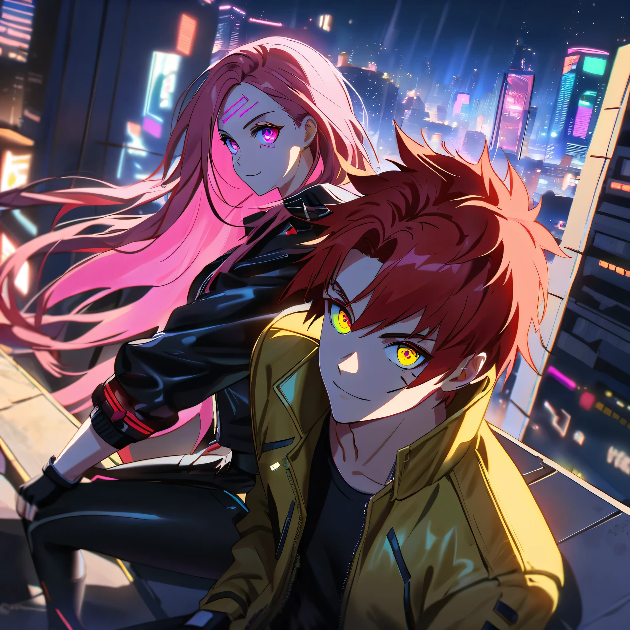 two persons, A man and a girl , male man with short and red hair messy upwards with some ultra long strands falling on the forehead, holding a perfect neon katana wearing a leather white jacket and black t shirt, sitting and confident pose, confidente smile, cyberpunk, night, fingerless gloves, neon eyes, ultra detailed face and a cute girl with pink long hair, parkour, cyberpunk tweaks, city rooftops, dangerous look
