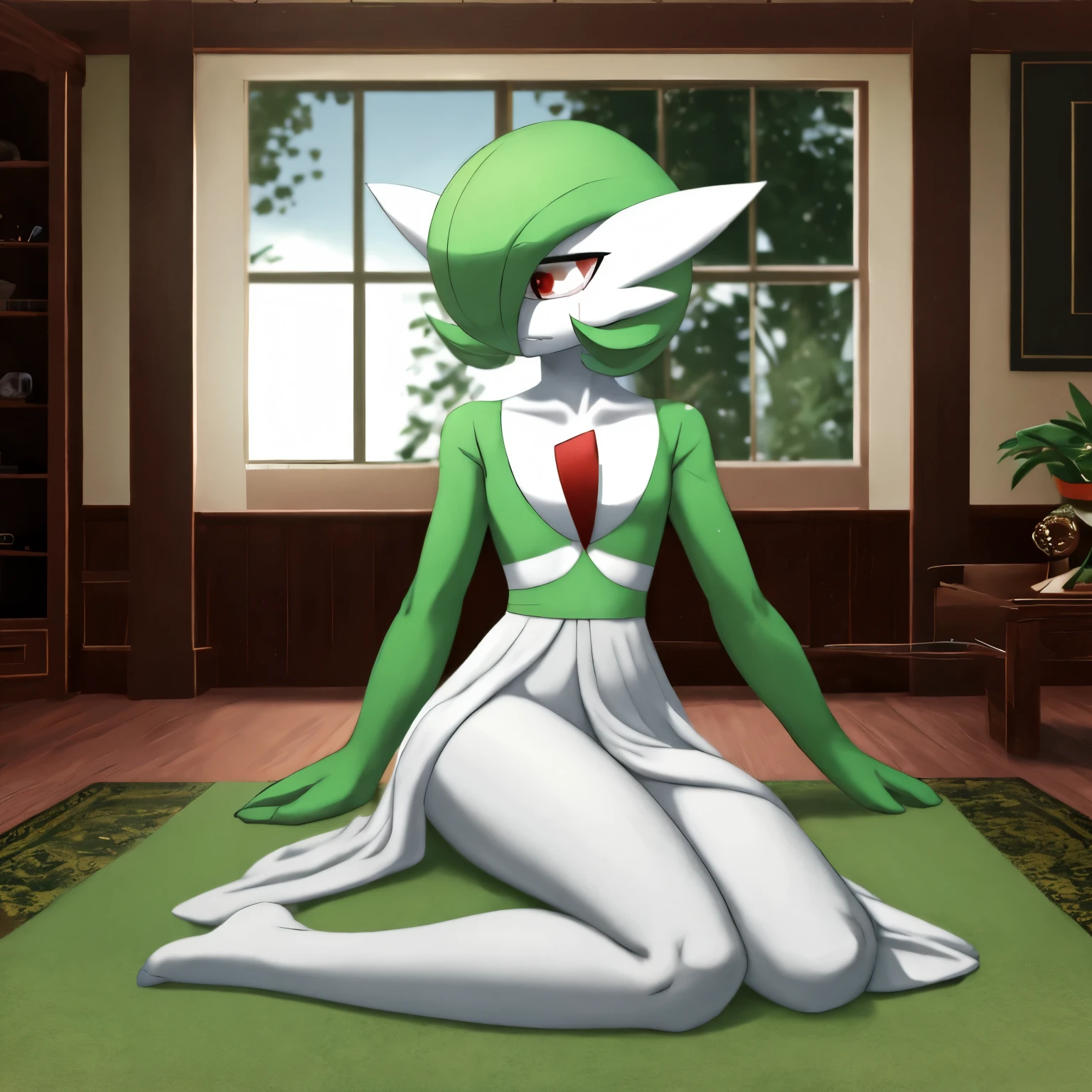 best quality, Gardevoir, pokemon, short height, red eyes, green hair, sad, crying, slim, slender body, skinny legs, looking at viewer, blurry background, indoors, in house, full body, slim, ((masterpiece)), best quality, 4k, cinematic lighting, ray tracing, reflected light, panorama, flat chest, high detailed illustration, high detailed background, hi-res, lying on belly, on ground, bruised, wounded, white gardevoir dress, green top, legs together, bare legs, bare feet, curled up