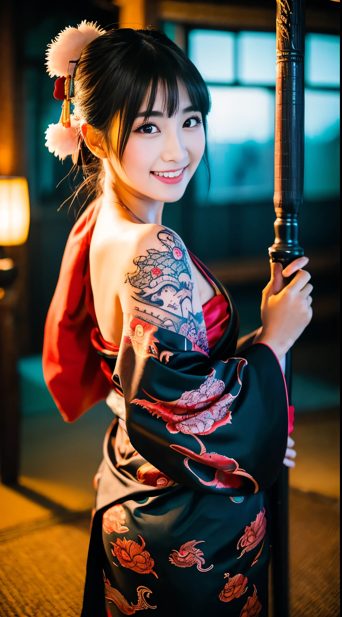 8k Uhd, Dslr,Film Grain, Fujifilm XT3,(Best Quality:1.3), (Masterpiece:1.1), High Resolution, Cinematic Light, Intricate Details, (Photorealistic) (night scene) a realistic backlight dramatic red tone light photography full body of a beautiful japanese geisha girl, ((facial texture pore detail)), grin demonic smile, simple messy hairdo, wearing satin black kimono with traditional dragon motif, open shoulder, full body colourful dragon tattoo, holding long katana blade, inside traditional villa, 8K, bokeh foreground