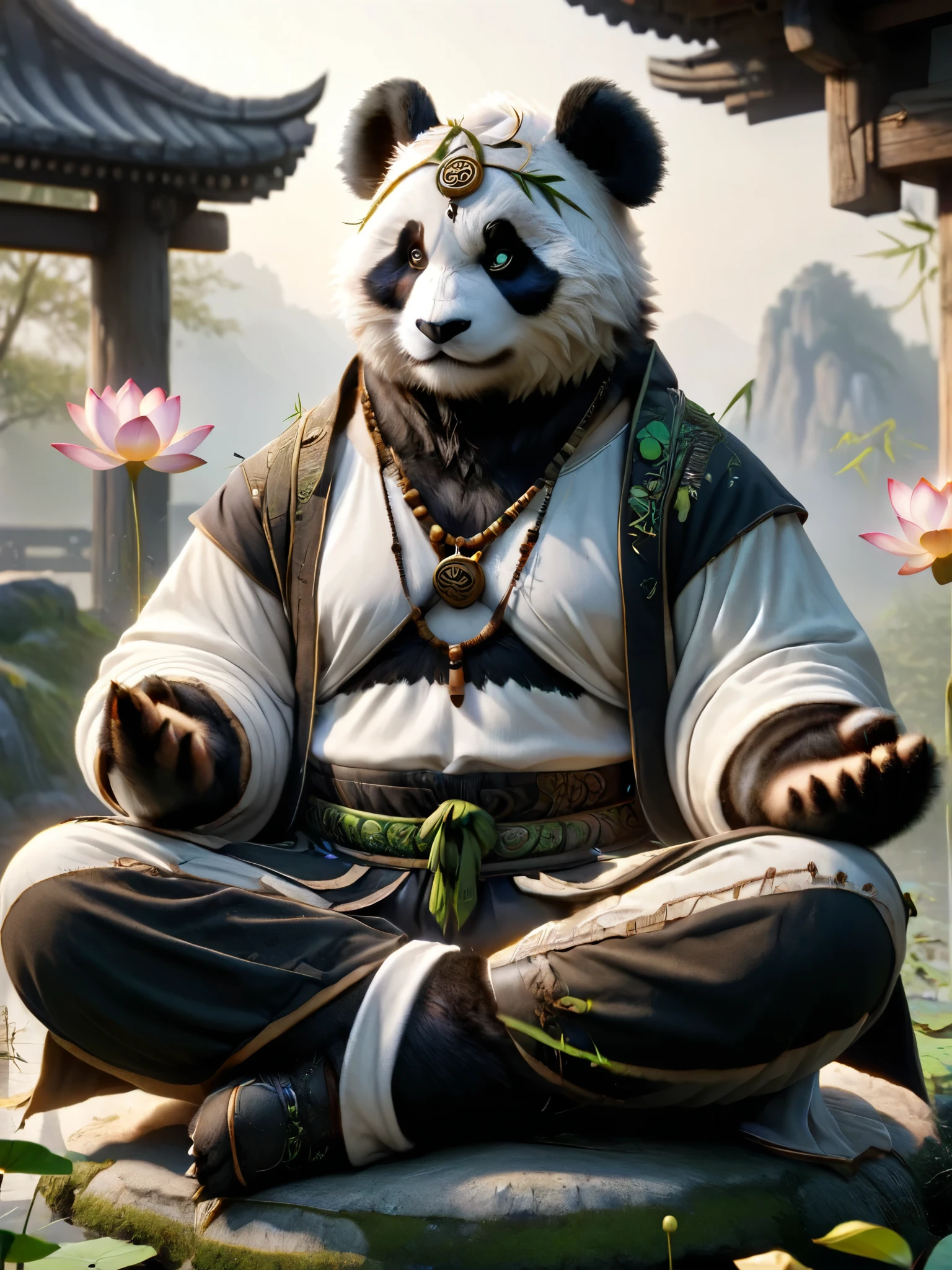 do panda macho, Shaman's Outfit, meditation pose, lotus