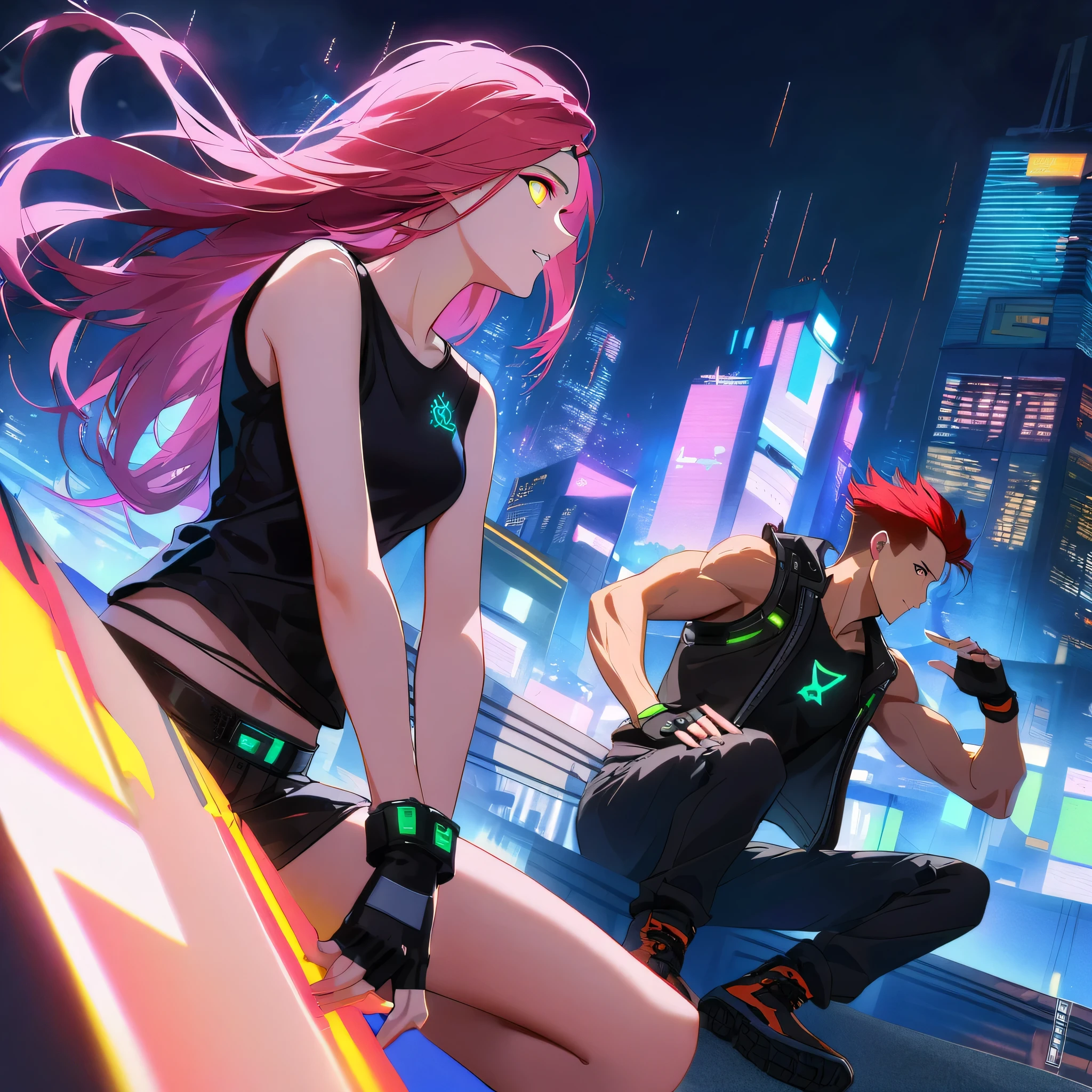two persons, A man and a girl , male man with short and red hair messy upwards with some ultra long strands falling on the forehead, holding a perfect neon katana wearing a leather white jacket and black t shirt, sitting and confident pose, confidente smile, cyberpunk, night, fingerless gloves, neon eyes, ultra detailed face and a cute girl with pink long hair, parkour, cyberpunk tweaks, city rooftops, dangerous look