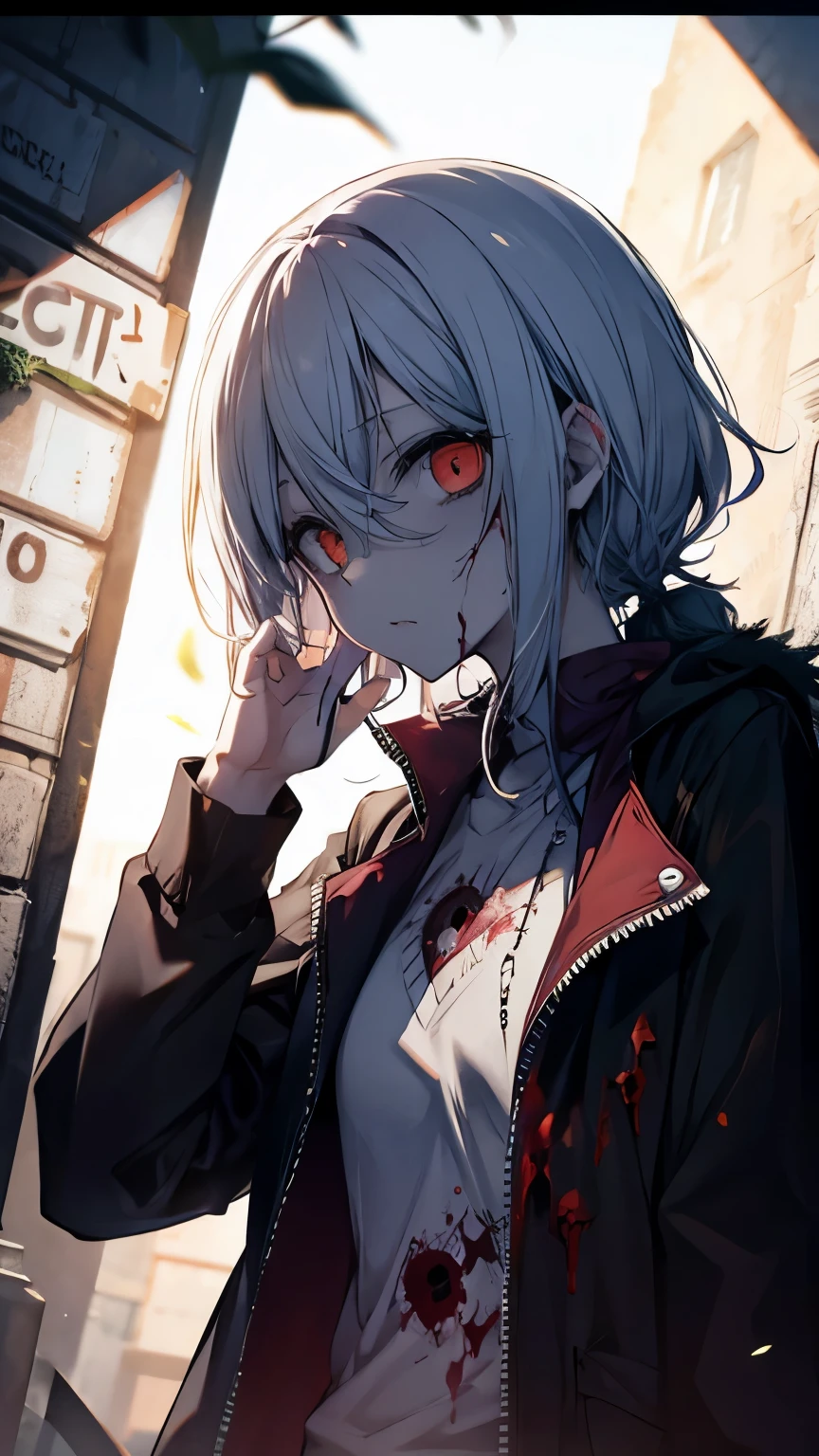 (masterpiece)、(absurdres)、(ultra detailed),Crazy Eyes、despair、Dark Side、closed mouth,Blood droplets、darkness,Blood pool space、Blood dripping background:1.3、(独奏),(silver cat ear on a head:1.1),(lady:1.0),(silver hair),(shortcut hair:1.0),(Messy Hair:1.0)、(Ahoge:1.0)、Orange Eyes、Big Breasts:0.8、choker,sleepy eyes、Cyberpunk jacket、Tshirt,Fingers with red liquid、Licking your fingers、Licking the red liquid with your tongue:1.1、upper body shot,nail:0.9