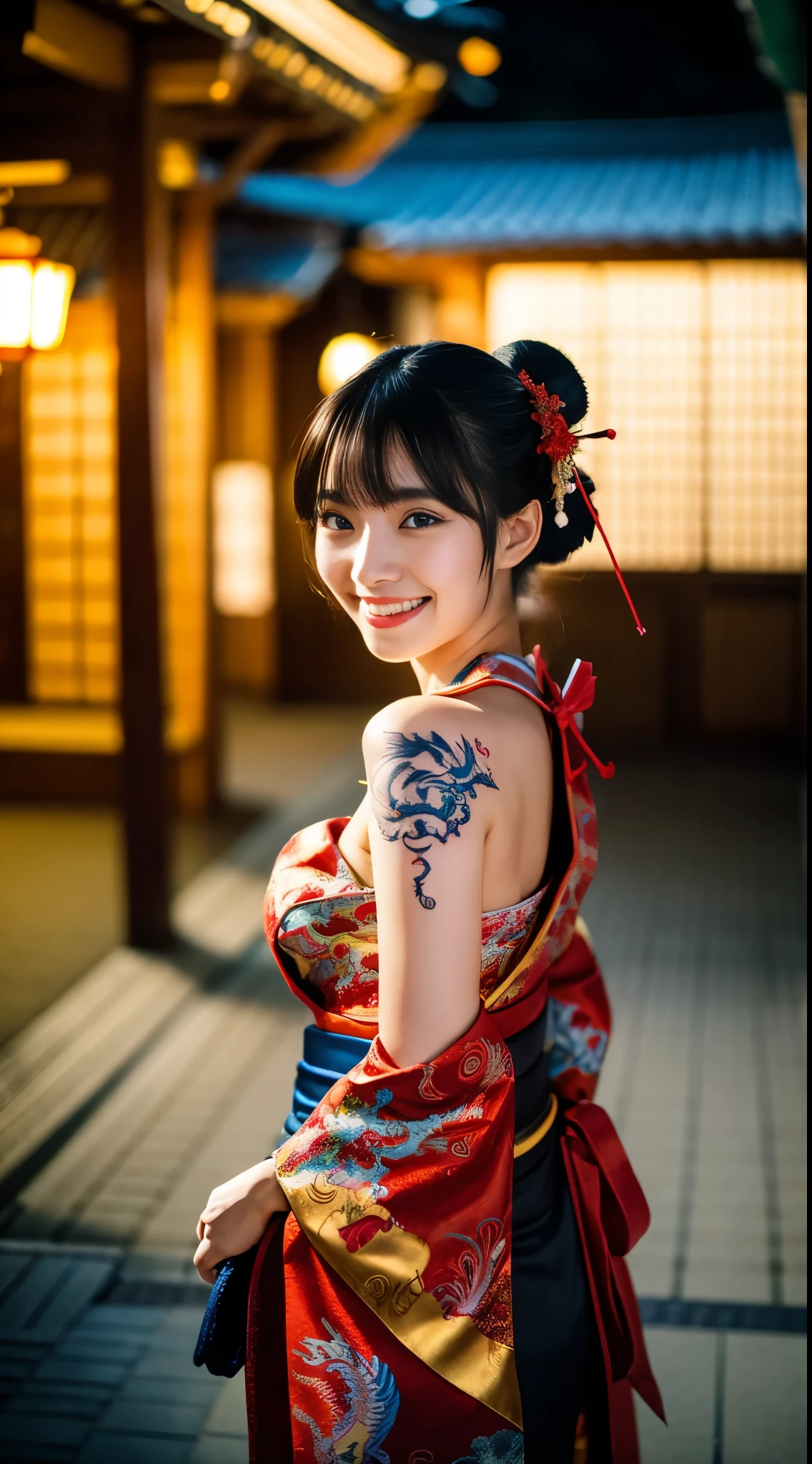 8k Uhd, Dslr,Film Grain, Fujifilm XT3,(Best Quality:1.3), (Masterpiece:1.1), High Resolution, Cinematic Light, Intricate Details, (Photorealistic) (night scene) a realistic backlight dramatic red tone light photography full body of a beautiful japanese geisha girl, ((facial texture pore detail)), grin demonic smile, simple messy hairdo, wearing satin black kimono with traditional dragon motif, open shoulder, full body colourful dragon tattoo, holding long katana blade, inside traditional villa, 8K, bokeh foreground
