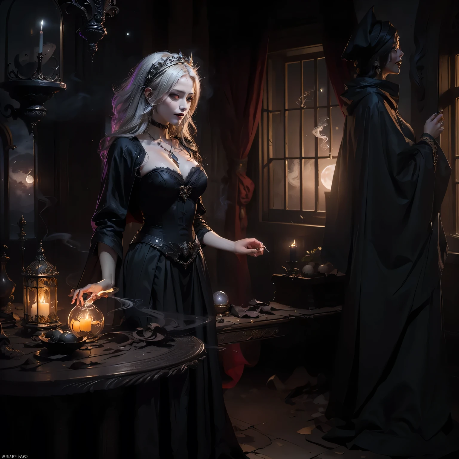 Full-Length High Resolution Vampire Queen Photograph, Emotionally Rich, Artistically Cinematic Saturated Color Candlelit Photo::1
 2 Radiantly Beautiful Blonde Fashionistas, Immaculate Complexion, Sweet Expressive Vibrant Eyes, Detailed Club Wear Dance Fashion::1
 Mood: Sweet Loves Desire, Style: Vampire Future Fashion Fusion, Vibe: Edgy ::1