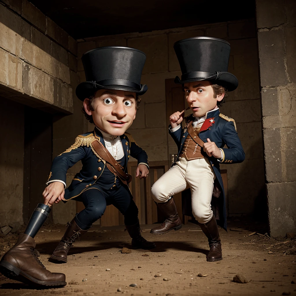 cartoon Imanuel Macron with a big head in a cocked hat like Napoleon gets kicked in the ass with a boot and runs away in horror from the battlefield