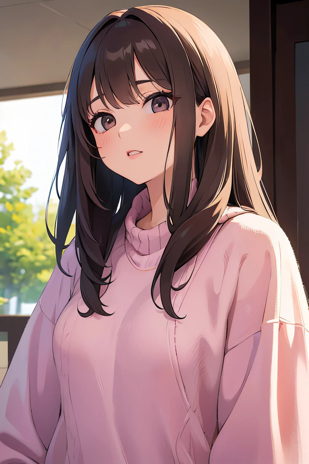 Girl, long brown hair, gray eyes, sharp features, white skin, pink lip, sweater