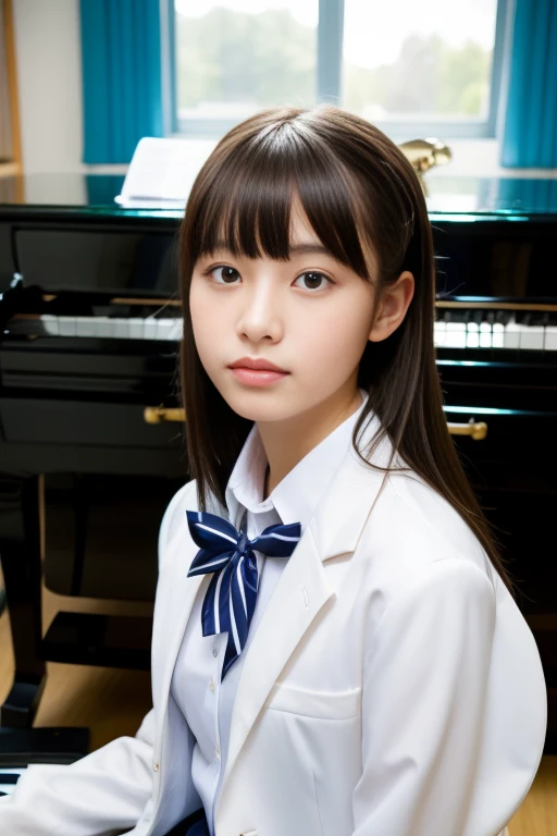 1 girl, sitting at the piano in the music room、alone, Japanese High School Girls, 18-year-old, (highest quality, Realistic, High resolution, 8k, Very detailed, Detailed face, Shiny skin), Blazer clothing , Collared shirt, White shirt, Ribbon tie, Black Hair, ragged bangs, ponytail,