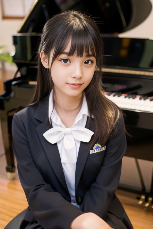 1 girl, sitting at the piano in the music room、alone, Japanese High School Girls, 18-year-old, (highest quality, Realistic, High resolution, 8k, Very detailed, Detailed face, Shiny skin), Blazer clothing , Collared shirt, White shirt, Ribbon tie, Black Hair, ragged bangs, ponytail,