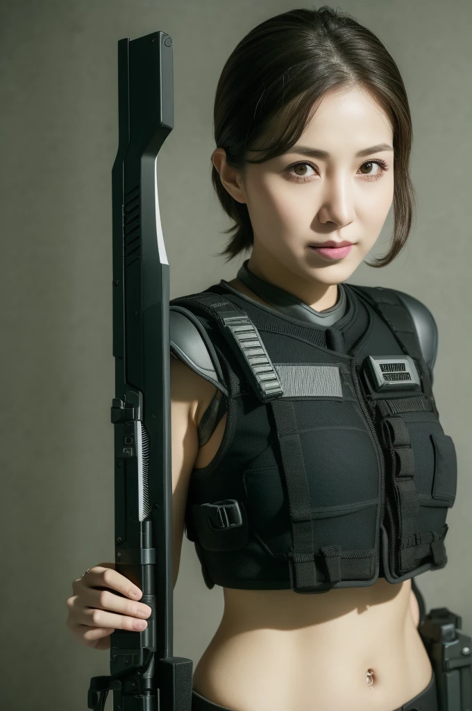 Crisp image quality,highest quality, masterpiece, High resolution, Realistic, RAW Photos, 8k wallpaper, perfection, Professional Lighting, Very detailed, Written boundary depth, ((One beautiful woman)), Beautiful Face、beauty、33 years old,Beautiful Eyes, (((SWAT team equipment:1.4))), Cleavage、Shapely small breasts, Light brown wavy hair, short hair,Muscular,belly button,sexy