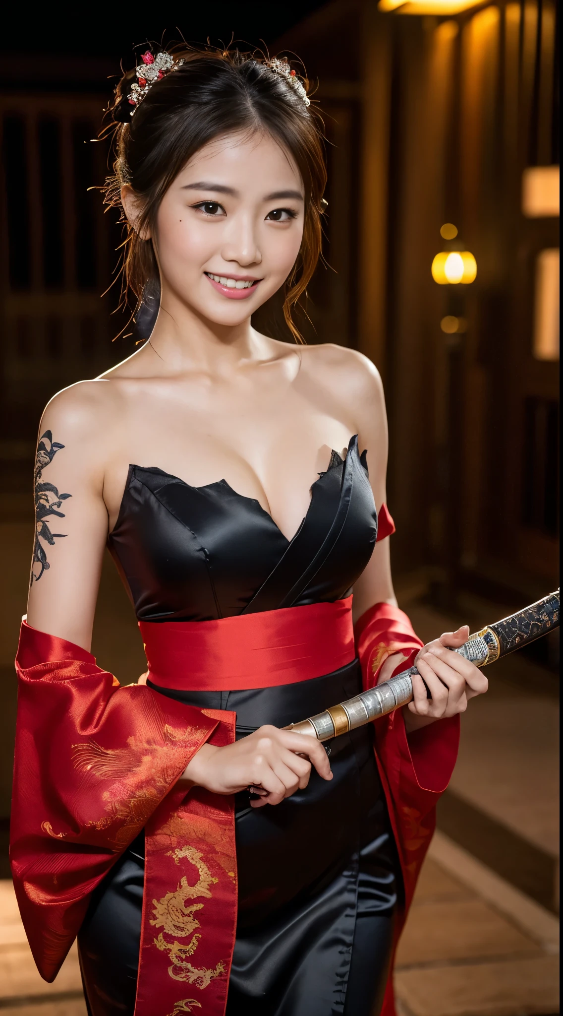 8k Uhd, Dslr,Film Grain, Fujifilm XT3,(Best Quality:1.3), (Masterpiece:1.1), High Resolution, Cinematic Light, Intricate Details, (Photorealistic) (night scene) a realistic backlight dramatic red tone light photography full body of a beautiful japanese geisha girl, ((facial texture pore detail)), grin demonic smile, simple messy hairdo, wearing satin black kimono with traditional dragon motif, open shoulder, full body colourful dragon tattoo, holding long katana blade, inside traditional villa, 8K, bokeh foreground