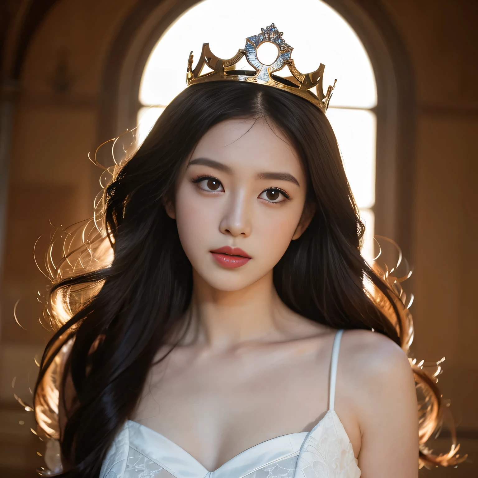 Hair shaking, victory, Long eyelashes, Solid round eye, A faint smile, ears red, direction, Surrealism, shadow, Relief, Stereogram, Standing picture, View, Atmospheric perspective, 8k, Super Detail, precise, best quality,One of them is wearing a white dress、Lady with a crown, Beautiful fantasy queen,(Full body portrait:1.5)(Long golden hair blowing in the wind:1.5)(pope'costumes:1.5)(Angel Wings:1.5)(Gorgeous robe:1.5)(Palace No.1.5) wlop 和 ross tran, ((Beautiful fantasy queen)), Beautiful and elegant elf queen, elegant cinematic fantasy art, fantasy art behance, ross tran 和 wlop, Fantasy art style, Fan Art Best Artstation, Rostland 8k, chengwei pan on artstation