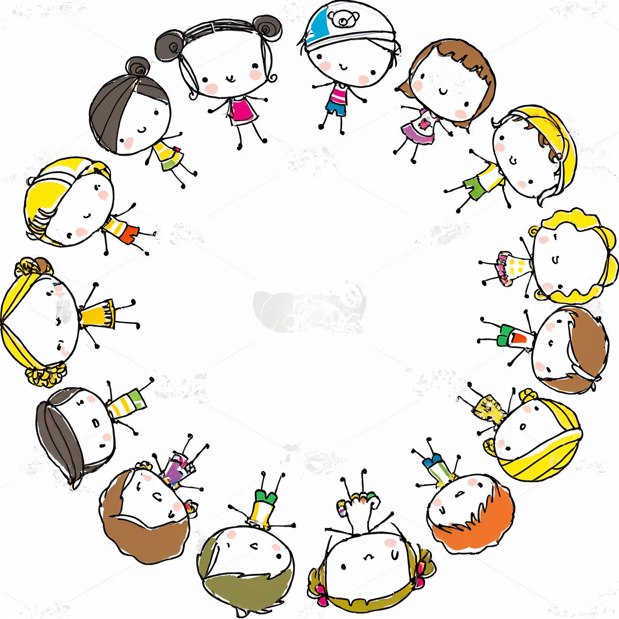 a group of children holding hands in a circle, children illustration, cute artwork, cute illustration, 1024x1024, cute cartoon, children's cartoon, children\'s illustration, childrens illustration, cartoon illustration, cute girls, cute cartoon style, hand drawn cartoon, in a circle, groups of happy humans, funny illustration, cartoon image