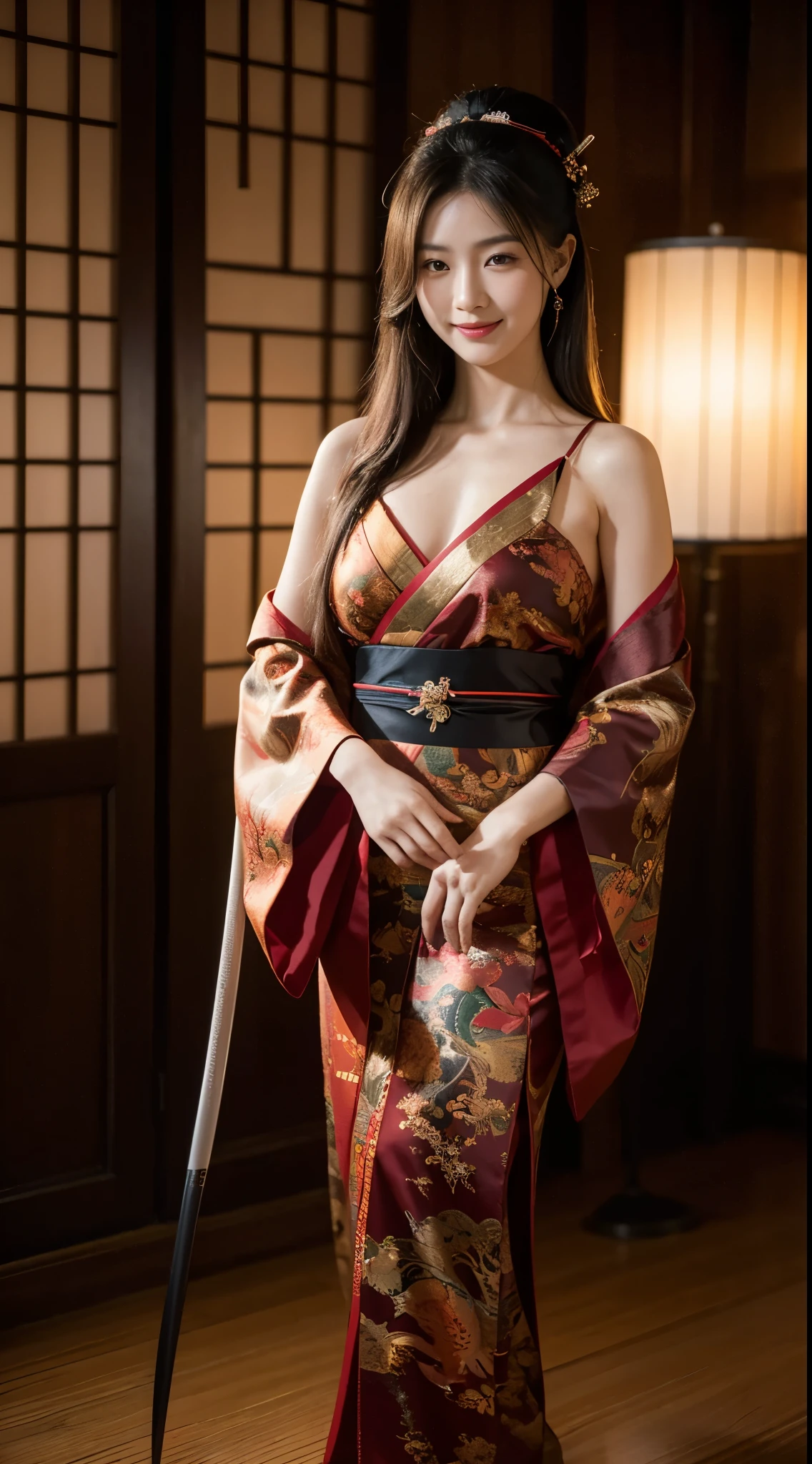 8k Uhd, Dslr,Film Grain, Fujifilm XT3,(Best Quality:1.3), (Masterpiece:1.1), High Resolution, Cinematic Light, Intricate Details, (Photorealistic) (night scene) a realistic backlight dramatic red tone light photography full body of a beautiful japanese geisha girl, ((facial texture pore detail)), grin demonic smile, simple messy hairdo, wearing satin black kimono with traditional dragon motif, open shoulder, full body colourful dragon tattoo, holding long katana blade, inside traditional villa, 8K, bokeh foreground