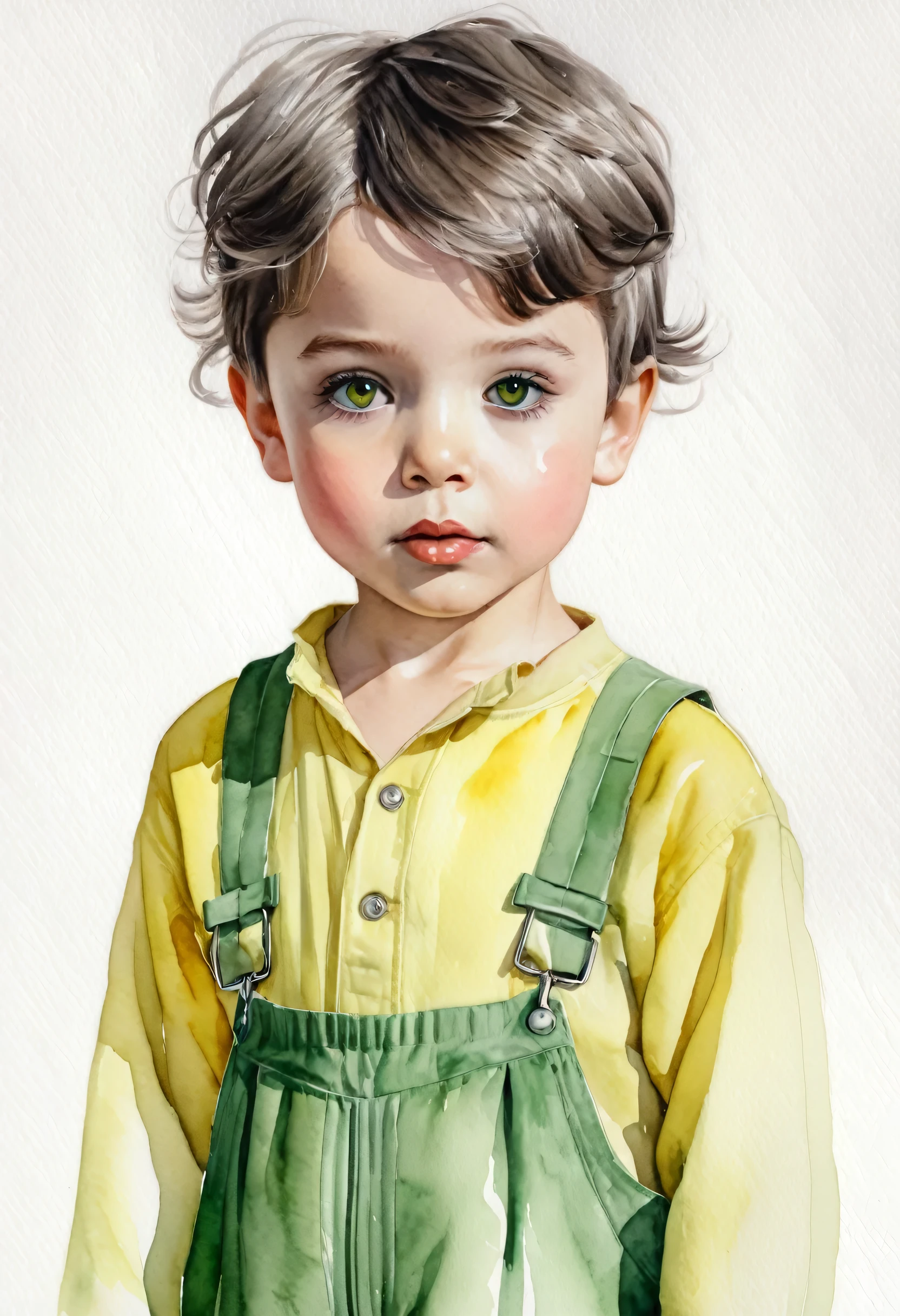 Portrait of a cute boy, 5-, ashy gray hair, short haircut, large dark green eyes, plump bow lips, light yellow jumpsuit, realism, watercolor, 4K, High detail