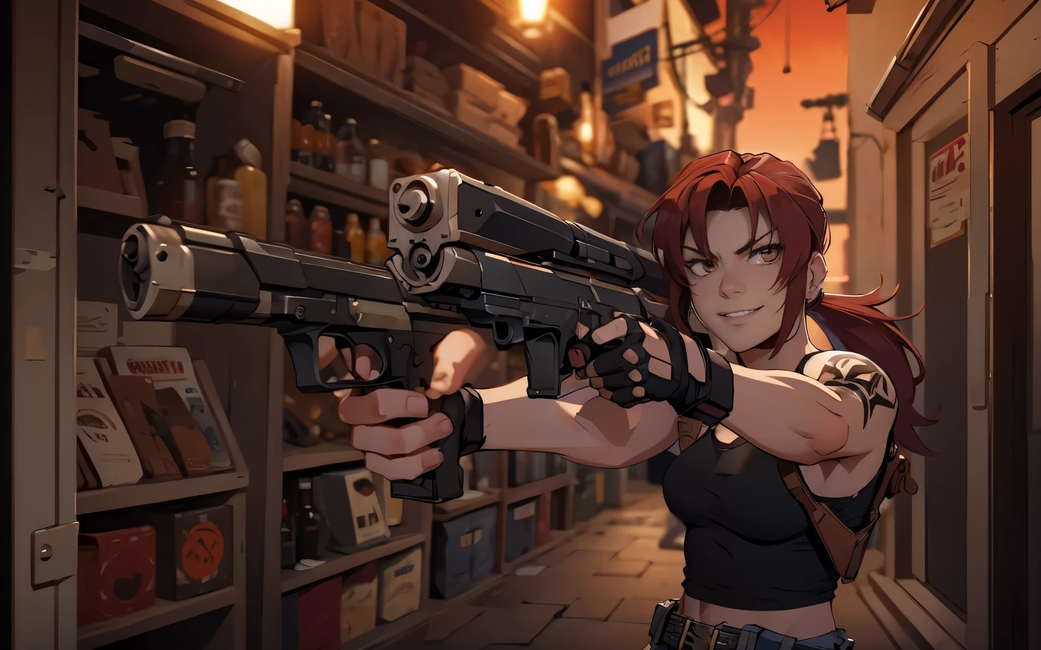 alone, 1 Girl, Revy from Black Lagoon, Grin, Ready your gun?, Wine red hair, ponytail, V-shaped eyebrows, Tank top, Fingerless gloves, Denim shorts, belt, holster, Dual pistols, up to date, Random background