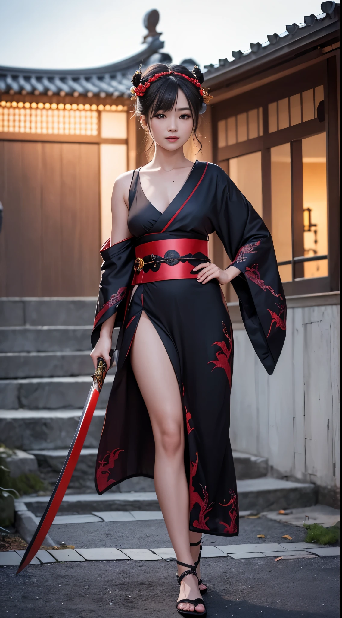 8k Uhd, Dslr,Film Grain, Fujifilm XT3,(Best Quality:1.3), (Masterpiece:1.1), High Resolution, Cinematic Light, Intricate Details, (Photorealistic) (night scene) a realistic backlight dramatic red tone light photography full body of a beautiful japanese geisha girl, ((facial texture pore detail)), grin demonic smile, simple messy hairdo, wearing satin black kimono with traditional dragon motif, open shoulder, full body colourful dragon tattoo, holding long katana blade, inside traditional villa, 8K, bokeh foreground