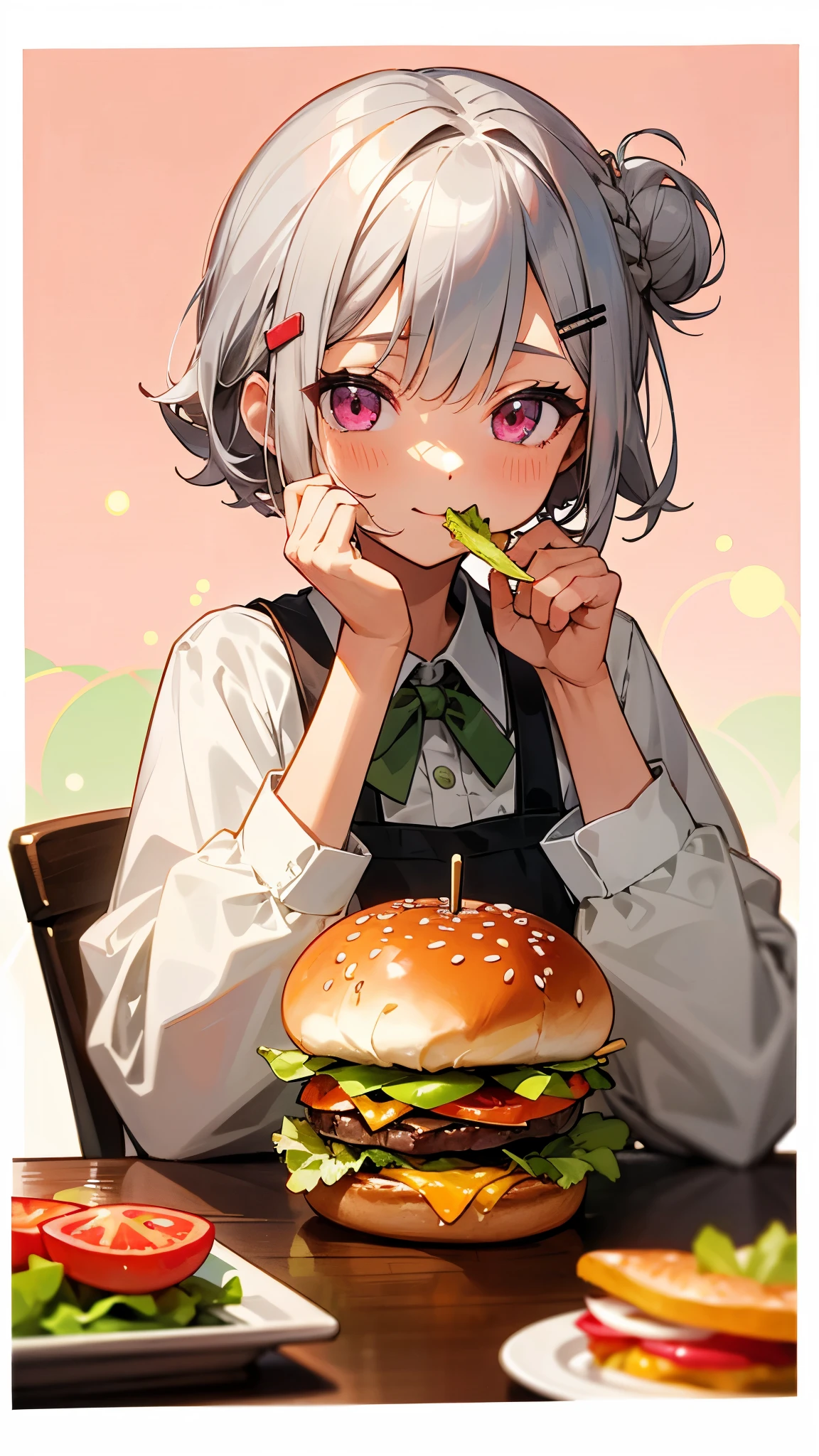 (highest quality,High resolution,Very detailed),hamburgerを食べる, Short silver bob hair tied in a bun with a hair clip, Pink Eyes, hamburger,  lettuce, fruit, tomato, Onion, Bokeh Background, Depth of written boundary, vegetables, cheese、table