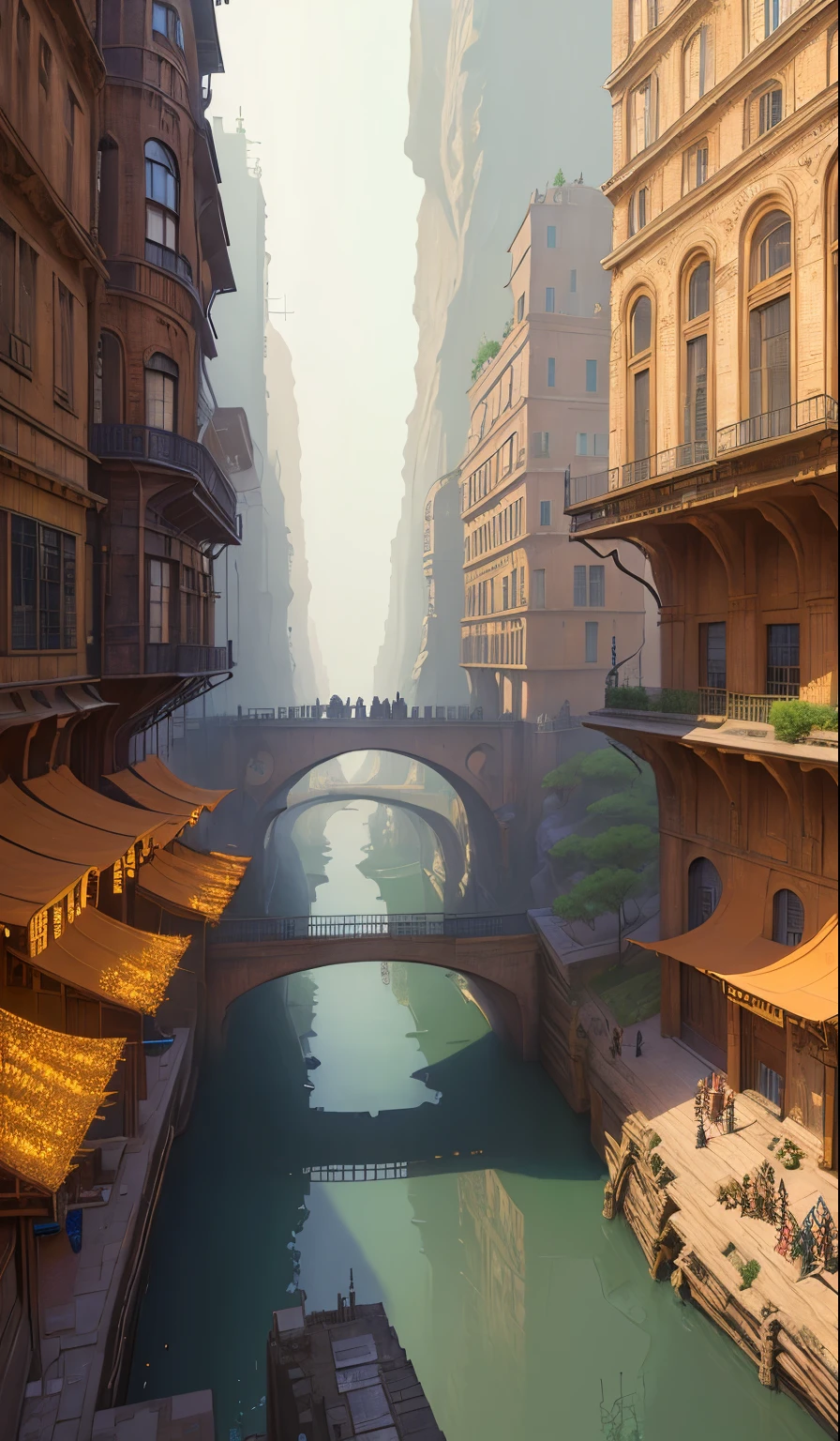 ((masterpiece)),((best quality)),((high detial)),((realistic,))
Industrial age city, deep canyons in the middle, architectural streets, bazaars, Bridges, rainy days, steampunk, European architecture