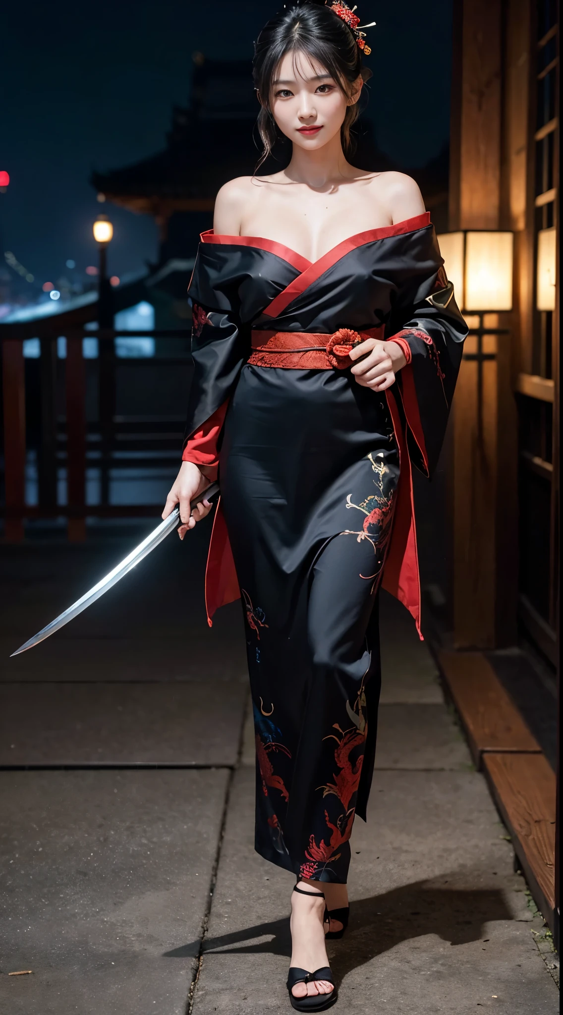 8k Uhd, Dslr,Film Grain, Fujifilm XT3,(Best Quality:1.3), (Masterpiece:1.1), High Resolution, Cinematic Light, Intricate Details, (Photorealistic) (night scene) a realistic backlight dramatic red tone light photography full body of a beautiful japanese geisha girl, ((facial texture pore detail)), grin demonic smile, simple messy hairdo, wearing satin black kimono with traditional dragon motif, open shoulder, full body colourful dragon tattoo, holding long katana blade, inside traditional villa, 8K, bokeh foreground
