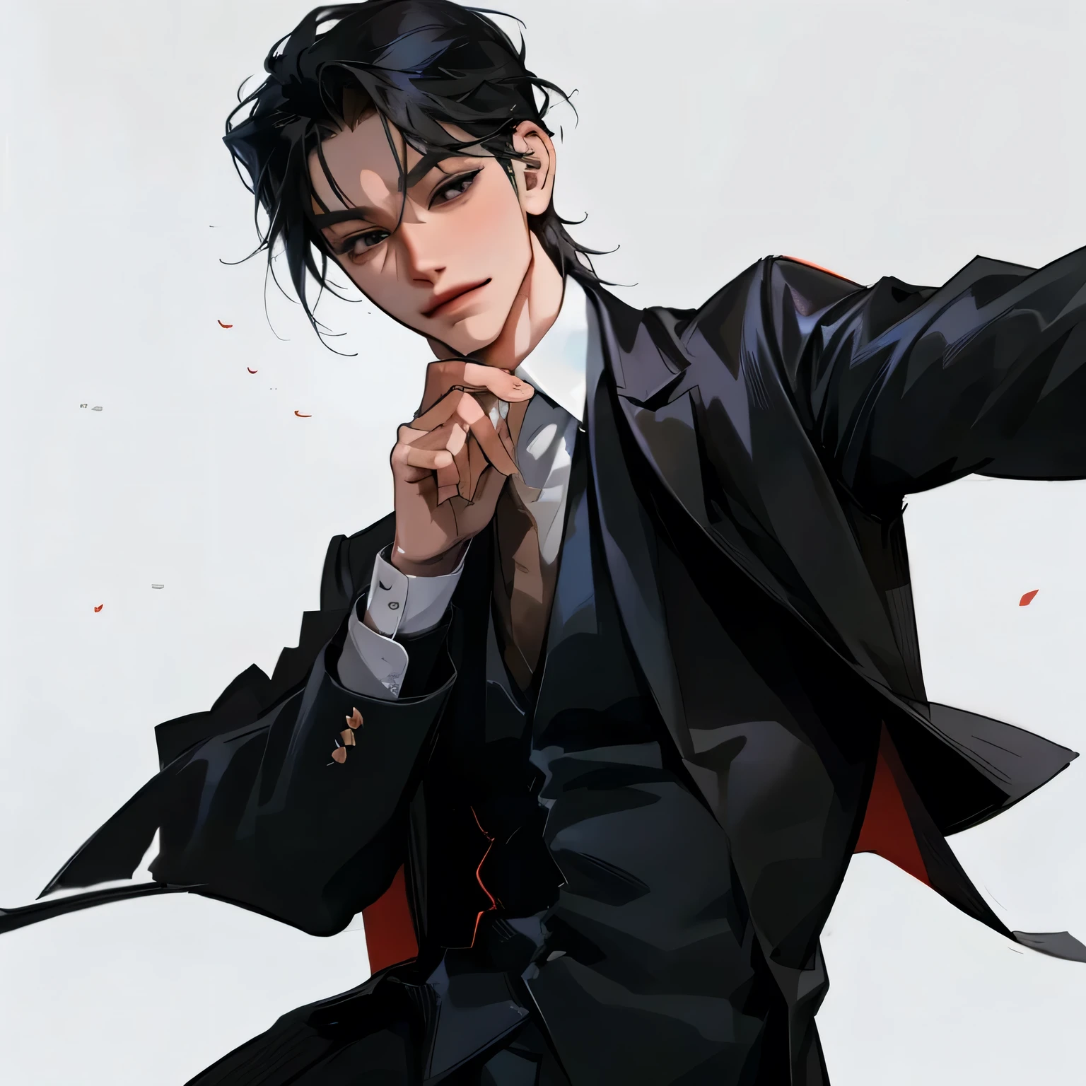 Black hair, two block hairstyle, inspired by Islat Han, Korean Man, Black iris, white suit under black vest, black vest, smirking, handsome, good physique, hot poses, looking at the audience, (((Anime))), simple gray background, hd, 4k, high-quality, right anatomy, correct number of limbs, no extra finger, right proportion, symmetrical face, 5 set of fingers, correct fingers, anatomically correct hands, no extra digits,