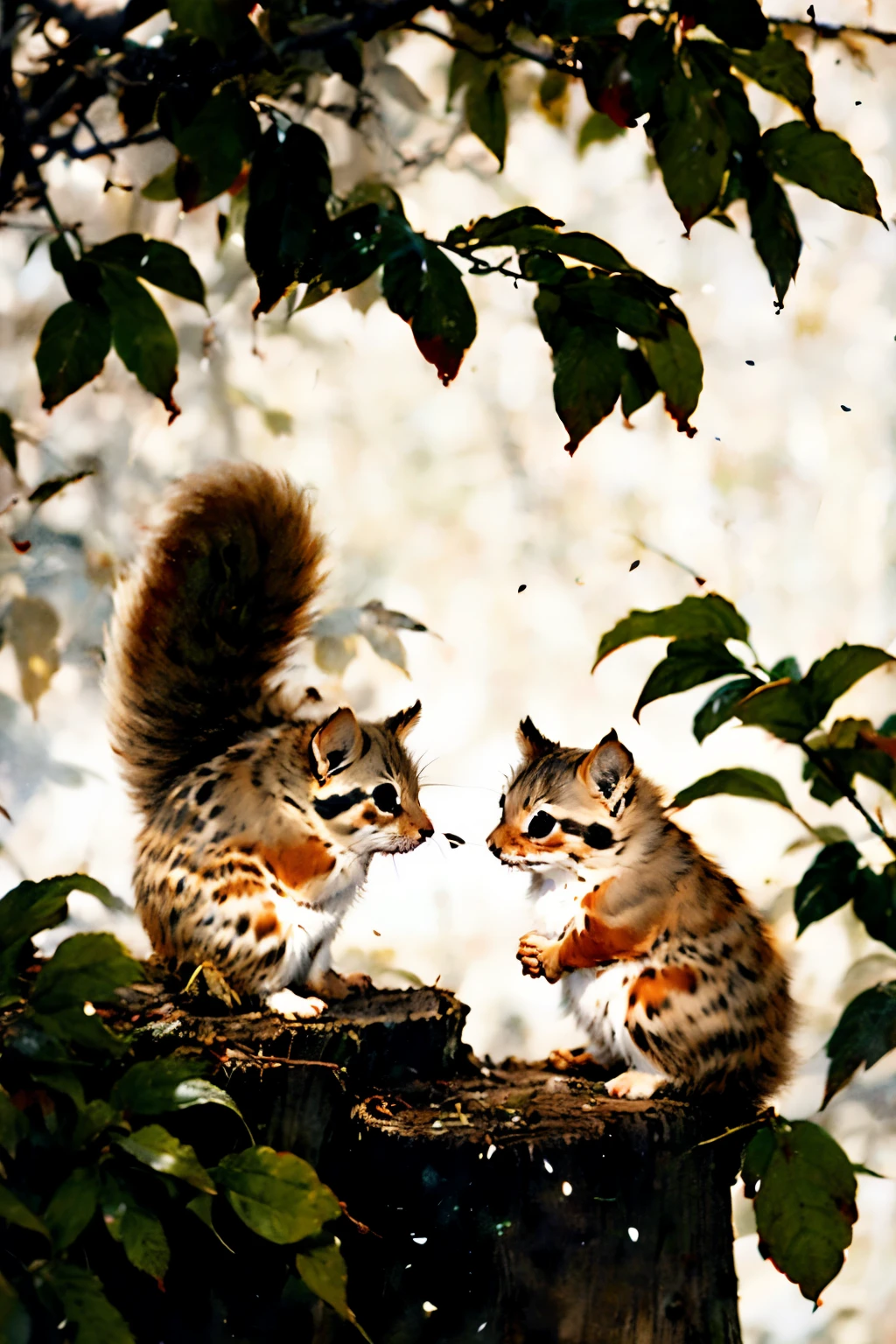 *******, 2 squirrels, fluffy hair, tree stump, Chinese ink painting, traditional art, plants, persimmon tree, animal illustration, delicate brushstrokes, soft colors, vertical composition, Asian art style, fine lines, soft shadows, serene scene, nature, watercolor, cultural artwork