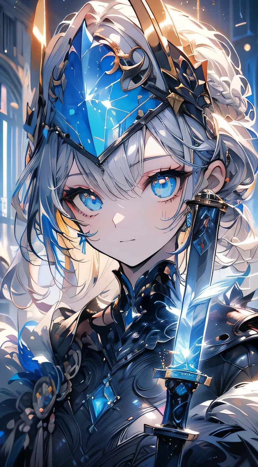 (official art、highest quality、unity 8k wallpaper、32k、masterpiece、Super detailed、ultra high resolution、realistic、realism、very interesting:1.2)、(movie theater lighting:1.2)、Fire Effects、film grain、best shades、Edge Lighting、side light、(Super detailed and complex 3D rendering)、Delicate and beautiful face and eyes、sharp pupils、realistic student、Thin、1men and women、medium bust、(whole body:1.2)、 beautiful face、16 year old beautiful girl、(super fine skin、detailed skin texture:1.3)、(silver blonde、Blue-silver hair:1.3)、paladin、long hair、dull bangs、green eyes、3 strands, 1 bundle、(Blue Armor、blue boots、blue helmet、set with jewelry、gold embroidery)、Thin、long skirt、(thighs thighs thighs:0.8)、(Chis、inside the house、Art stained glass、large pipe organ、Hello、mystery、Many feathers floating、Angelic、particles of light、Severe、Sunshine is、colorful、wonderful:1.2)、(wonderful:1.3)、(Hold the holy sword:1.4)、wonderful、Laugh and laugh