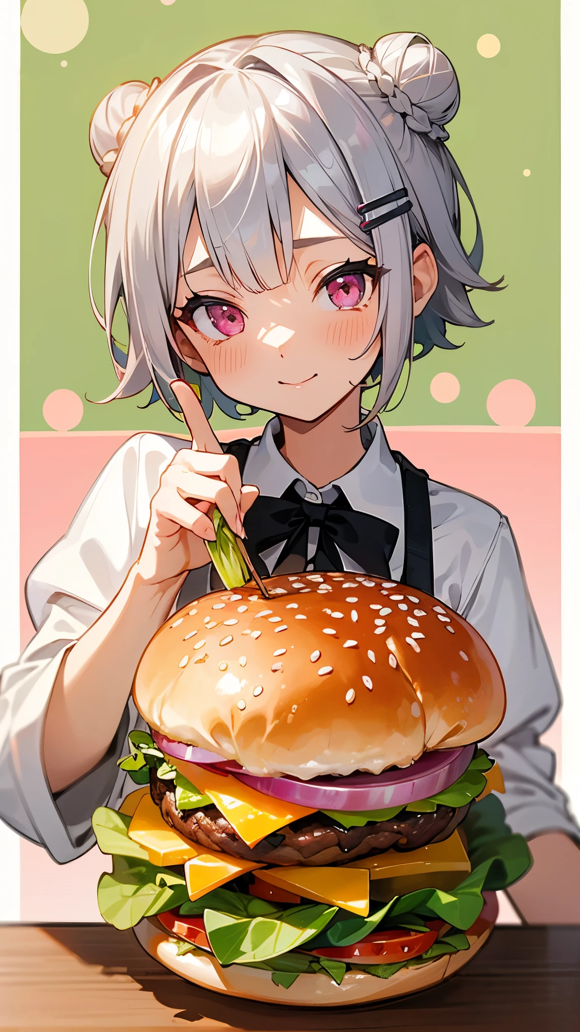 (highest quality,High resolution,Very detailed),hamburgerを食べる, Short silver bob hair tied in a bun with a hair clip, Pink Eyes, hamburger,  lettuce, fruit, tomato, Onion, Bokeh Background, Depth of written boundary, vegetables, cheese、table