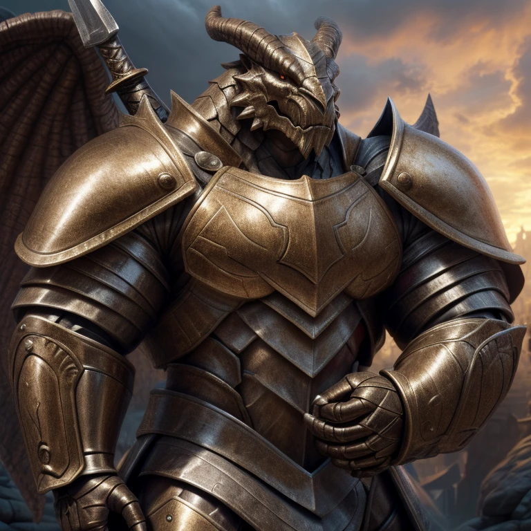 a close up of a statue of a man in armor holding a sword, thick armor, strong fantasy knight, hyperdetailed fantasy character, high detailed official artwork, sfw version, attractive beefy male with armor, 8k high quality detailed art, as seen on artstation, high detail iconic character, in thick full bronze armour, muscled humanoid balrog demon