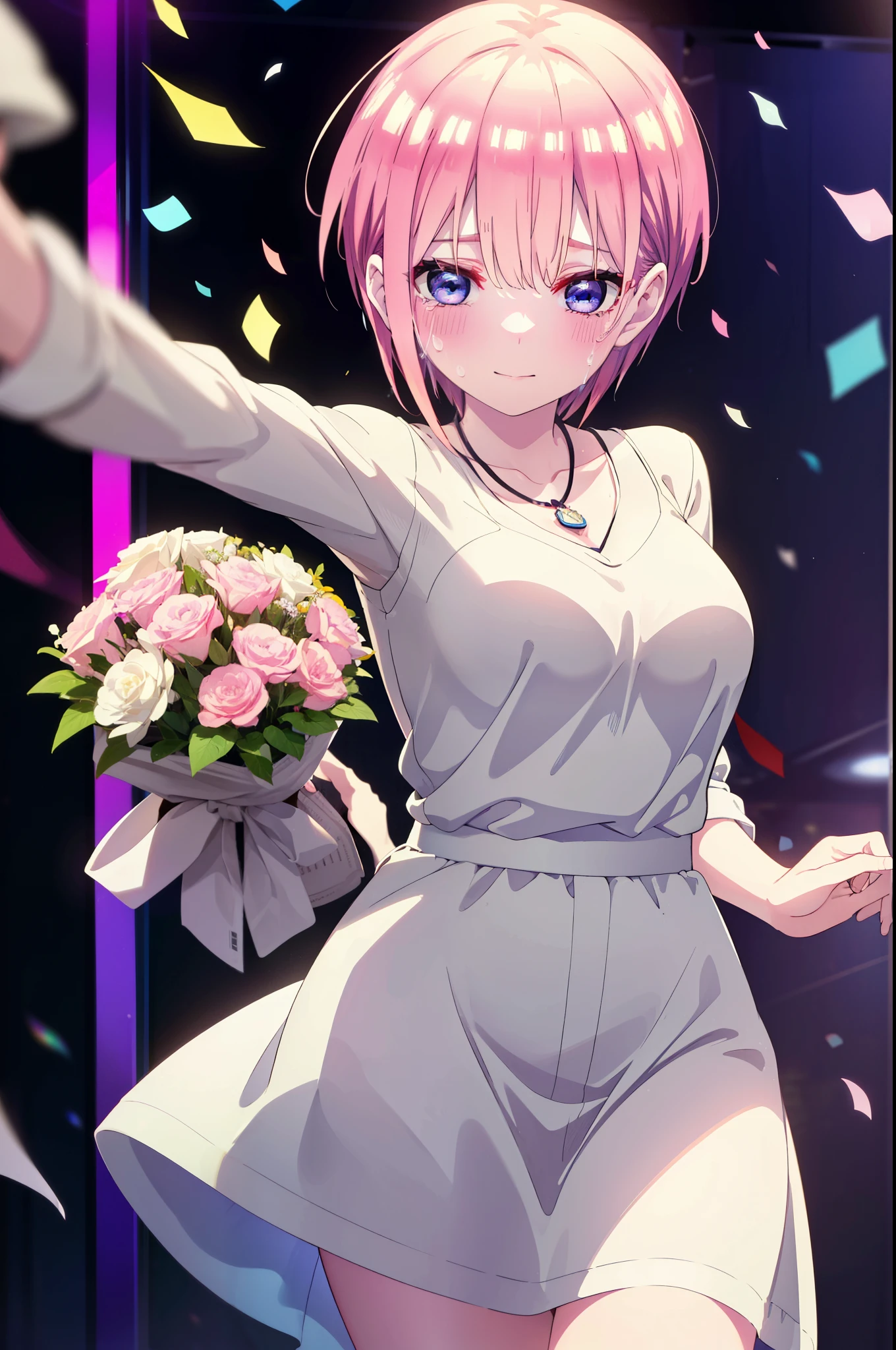 ichikanakano, ichika nakano, short hair, bangs, blue eyes, Hair between the eyes, smile,Pink Hair,,smile,blush,白色No sleeveドレス,Long skirt,White stiletto heels,No sleeve,naked,nakedの腕,nakedの首,nakedの鎖骨,holding a large bouquet of flowers in each hand,Locket Necklace,Confetti,There is a birthday cake on the table,Tears stream down her face,Sad and crying,Cry a lot,So that the whole body goes into the illustration,
break indoors, on stage,venue,
break looking at viewer, (Cowboy Shot:1.5),
break (masterpiece:1.2), highest quality, High resolution, unity 8k wallpaper, (shape:0.8), (Beautiful details:1.6), Highly detailed face, Perfect lighting, Highly detailed CG, (Perfect hands, Perfect Anatomy),