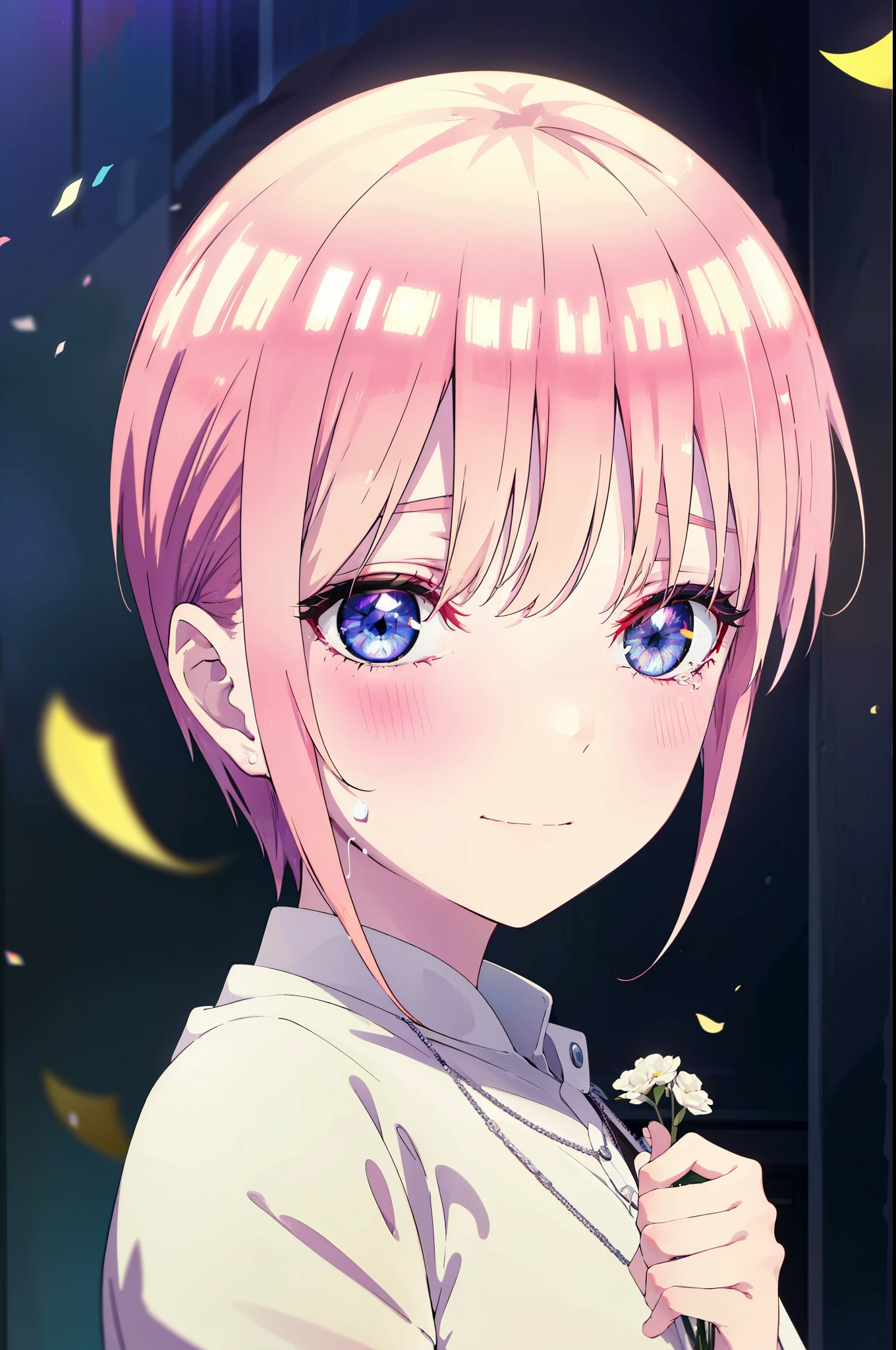 ichikanakano, ichika nakano, short hair, bangs, blue eyes, Hair between the eyes, smile,Pink Hair,,smile,blush,白色No sleeveドレス,Long skirt,White stiletto heels,No sleeve,naked,nakedの腕,nakedの首,nakedの鎖骨,holding a large bouquet of flowers in each hand,Locket Necklace,Confetti,There is a birthday cake on the table,Tears stream down her face,Sad and crying,Cry a lot,So that the whole body goes into the illustration,
break indoors, on stage,venue,
break looking at viewer, (Cowboy Shot:1.5),
break (masterpiece:1.2), highest quality, High resolution, unity 8k wallpaper, (shape:0.8), (Beautiful details:1.6), Highly detailed face, Perfect lighting, Highly detailed CG, (Perfect hands, Perfect Anatomy),