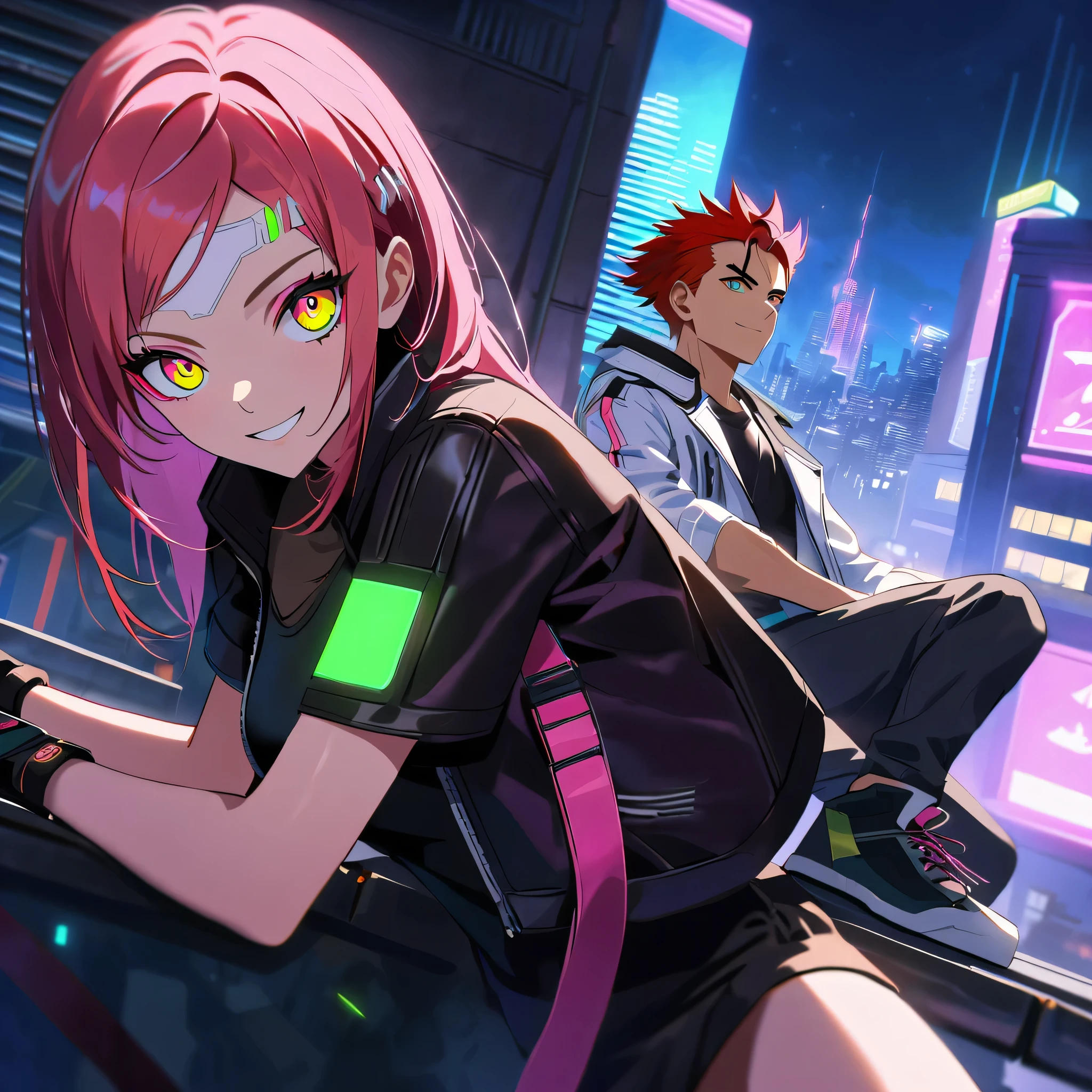 two persons, A man and a girl , male man with short and red hair spikey upwards with some strands falling on the forehead, holding a perfect neon katana wearing a leather white jacket and black t shirt, sitting and confident pose, confidente smile, cyberpunk, night, fingerless gloves, neon eyes, ultra detailed face and a cute girl with pink long hair, parkour, cyberpunk tweaks, city rooftops, dangerous look